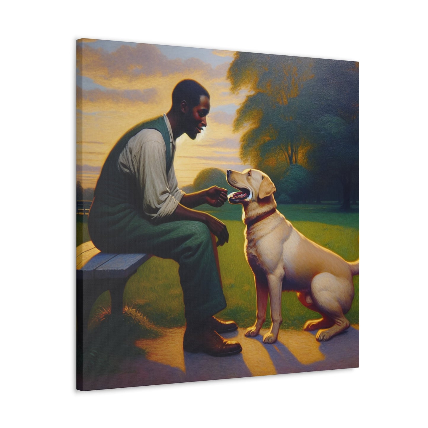 "Benchside Bonding: Man and Dog" - Canvas - Authentic4Us