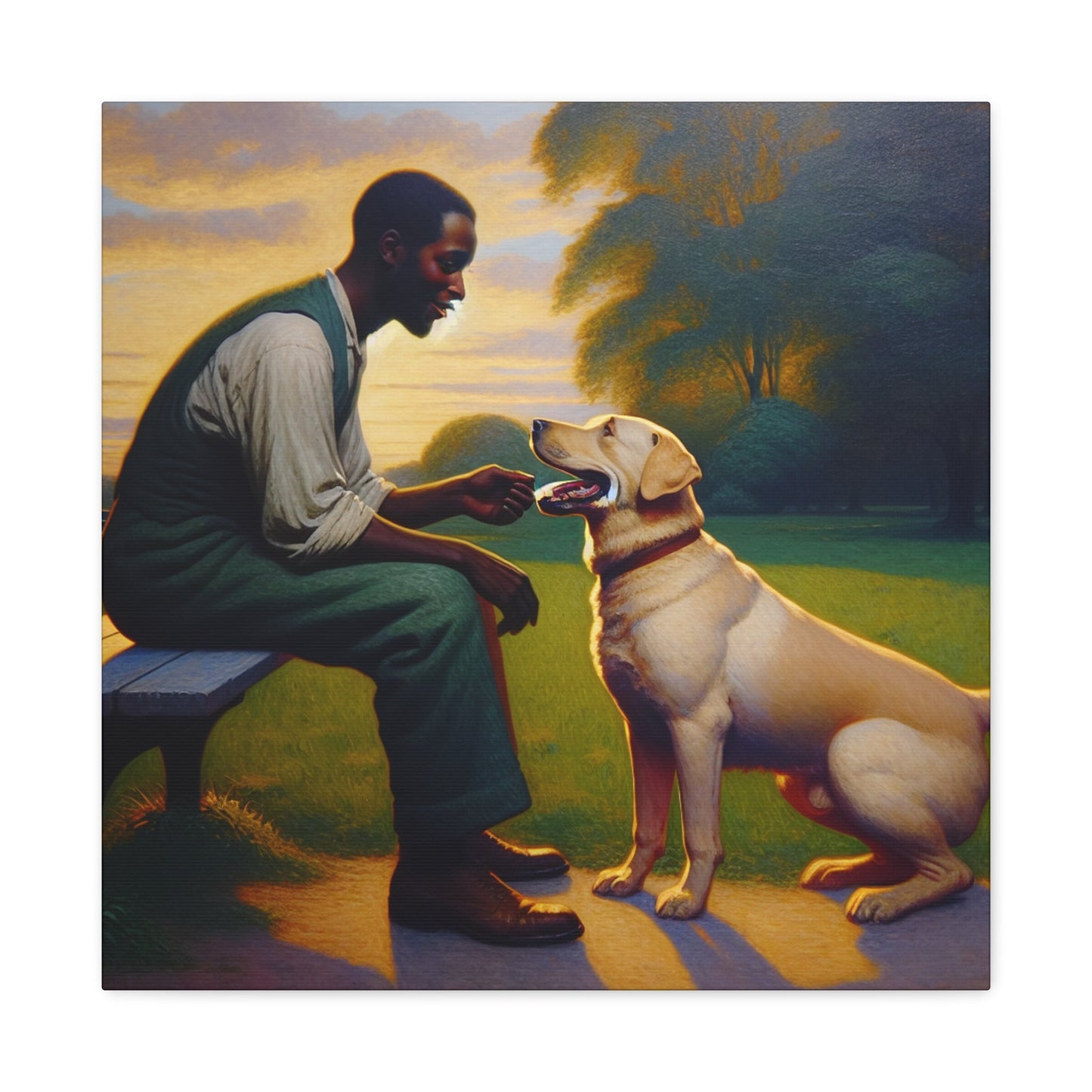 "Benchside Bonding: Man and Dog" - Canvas - Authentic4Us