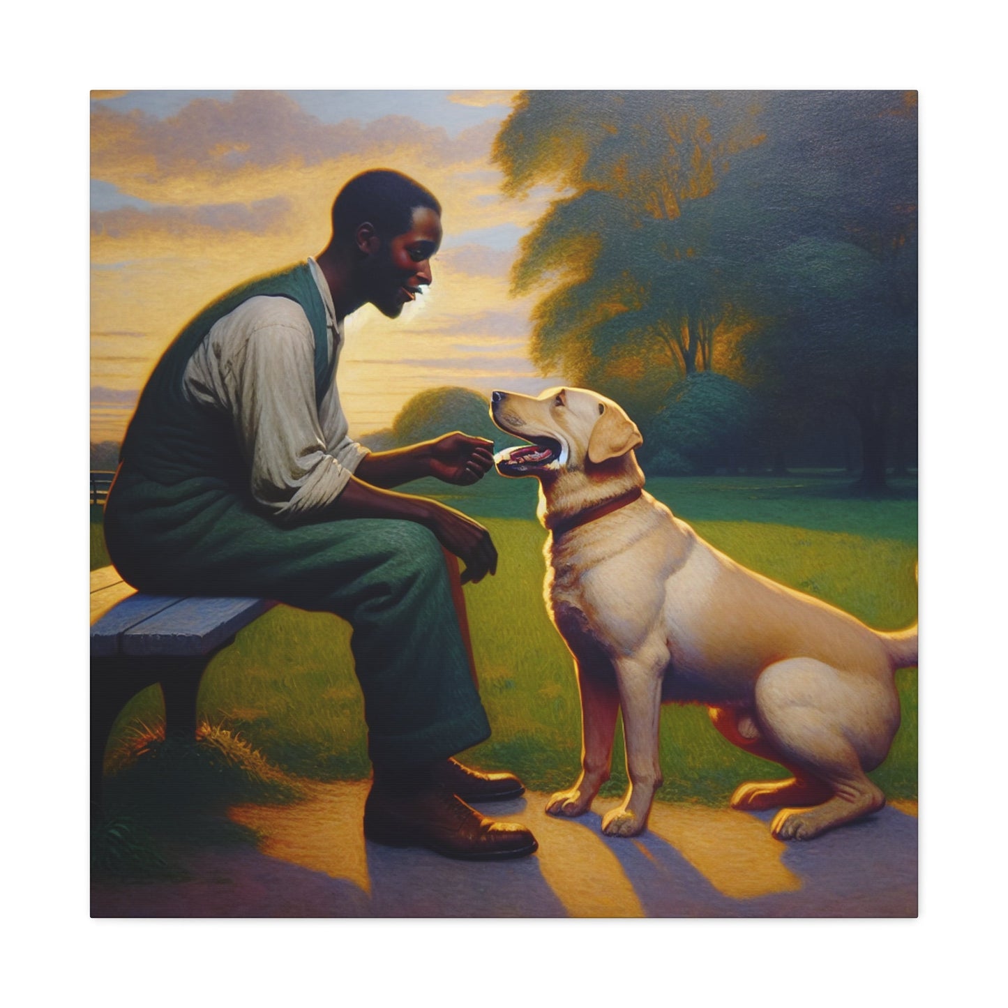 "Benchside Bonding: Man and Dog" - Canvas - Authentic4Us