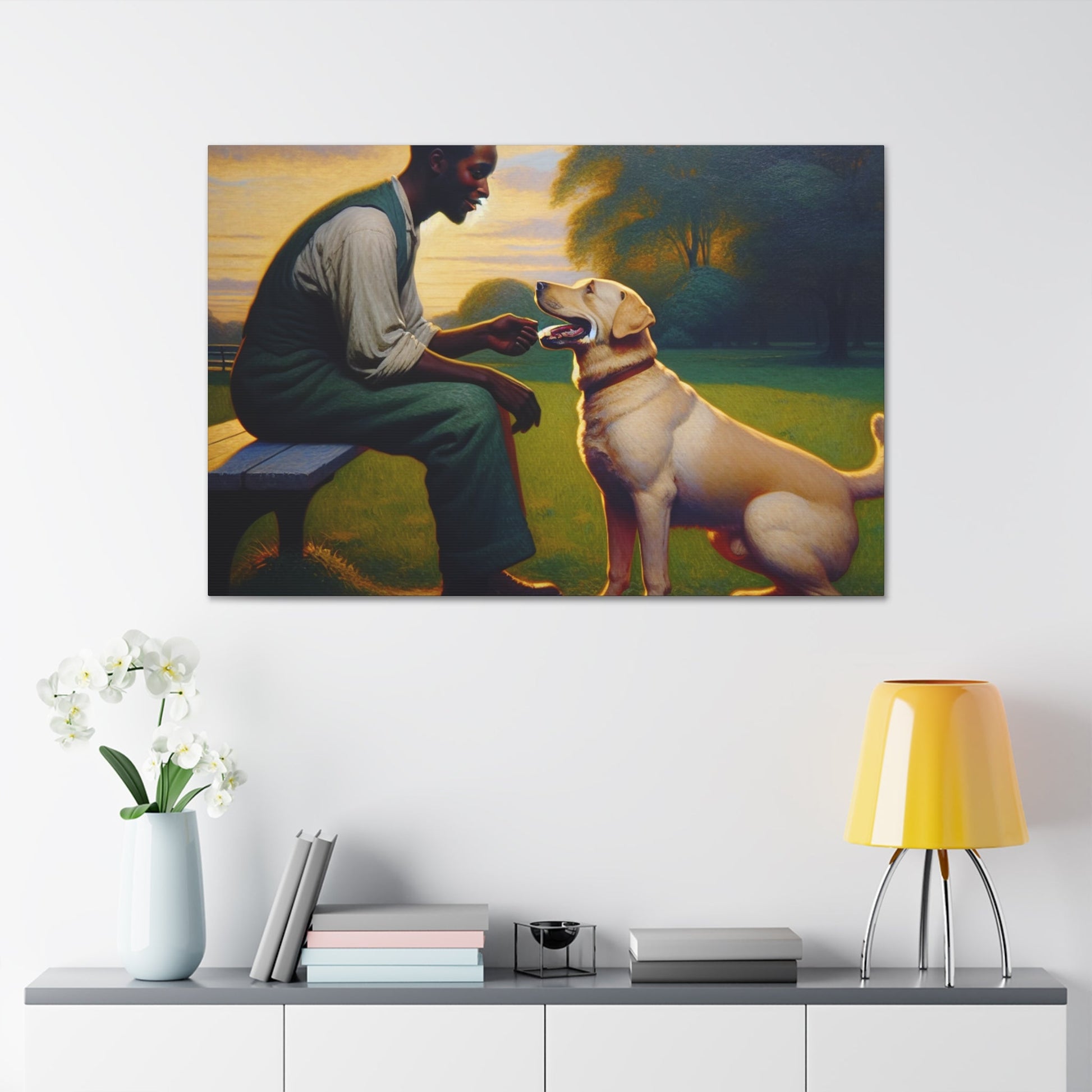 "Benchside Bonding: Man and Dog" - Canvas - Authentic4Us