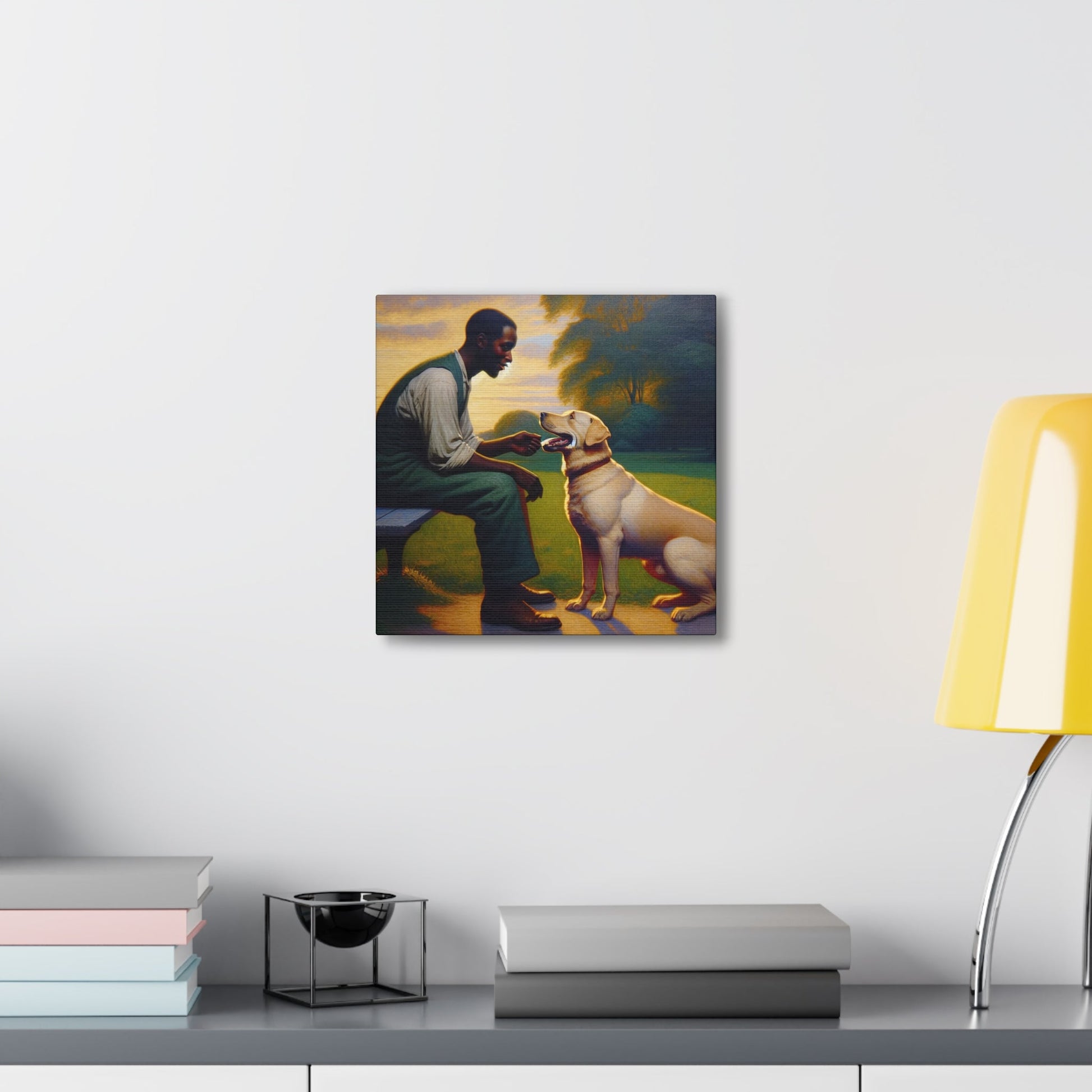 "Benchside Bonding: Man and Dog" - Canvas - Authentic4Us