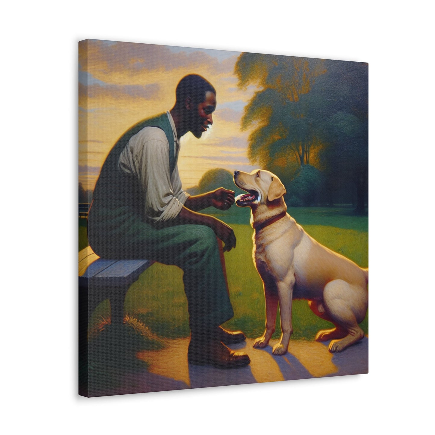 "Benchside Bonding: Man and Dog" - Canvas - Authentic4Us