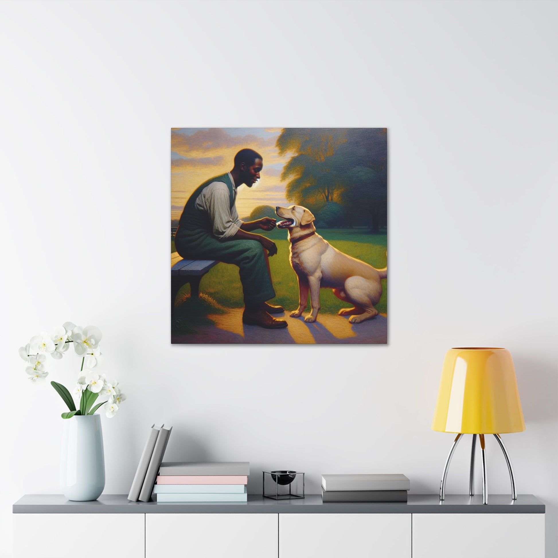 "Benchside Bonding: Man and Dog" - Canvas - Authentic4Us