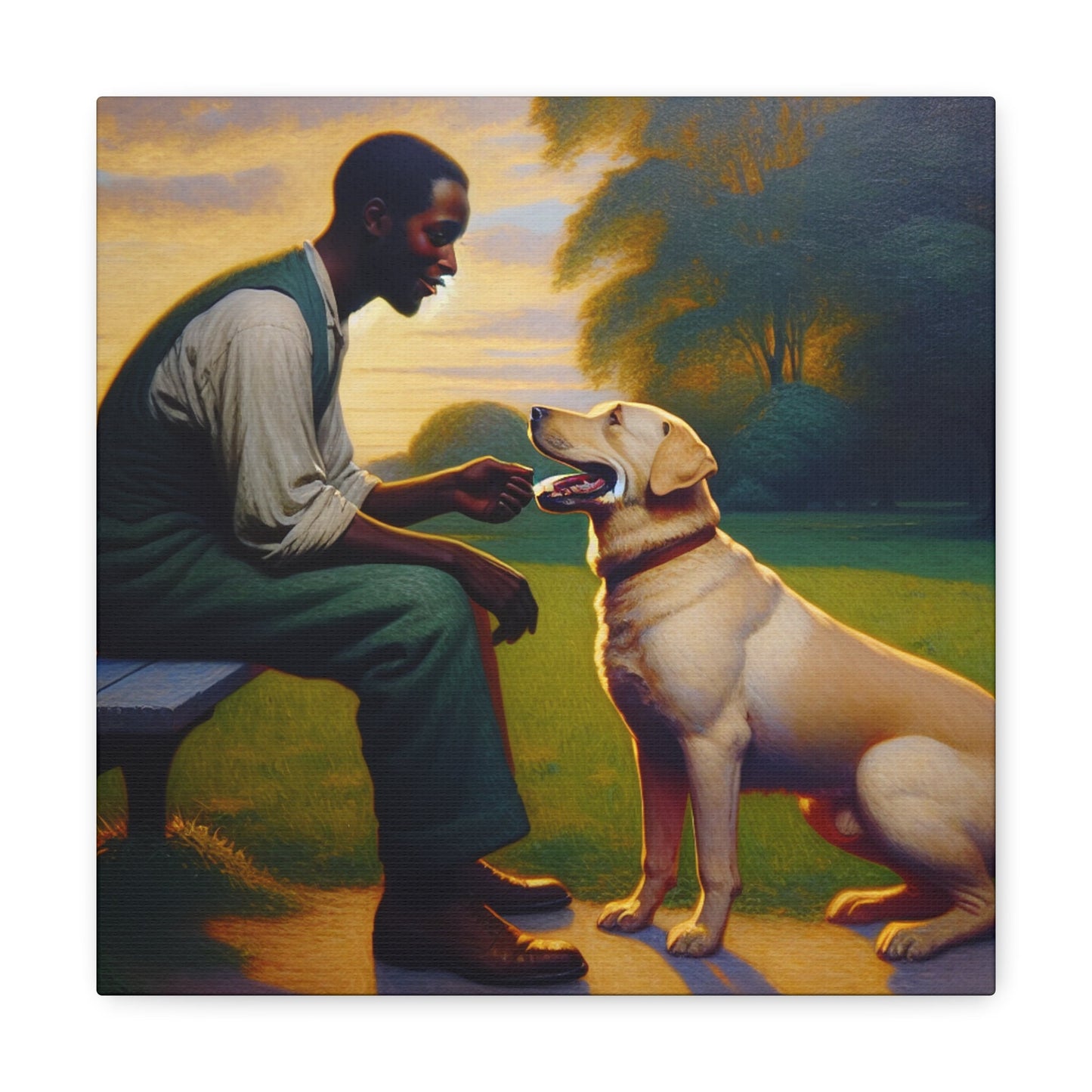 "Benchside Bonding: Man and Dog" - Canvas - Authentic4Us