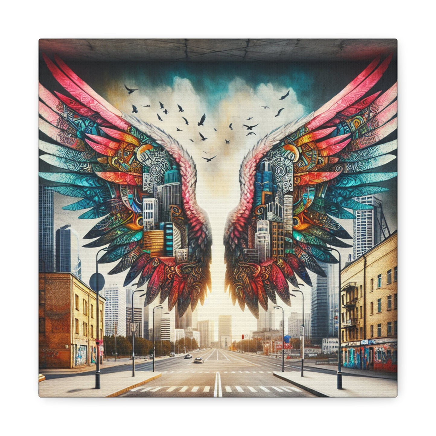 "Cityscape Wings Mural: Urban Fusion" - Canvas - Authentic4Us