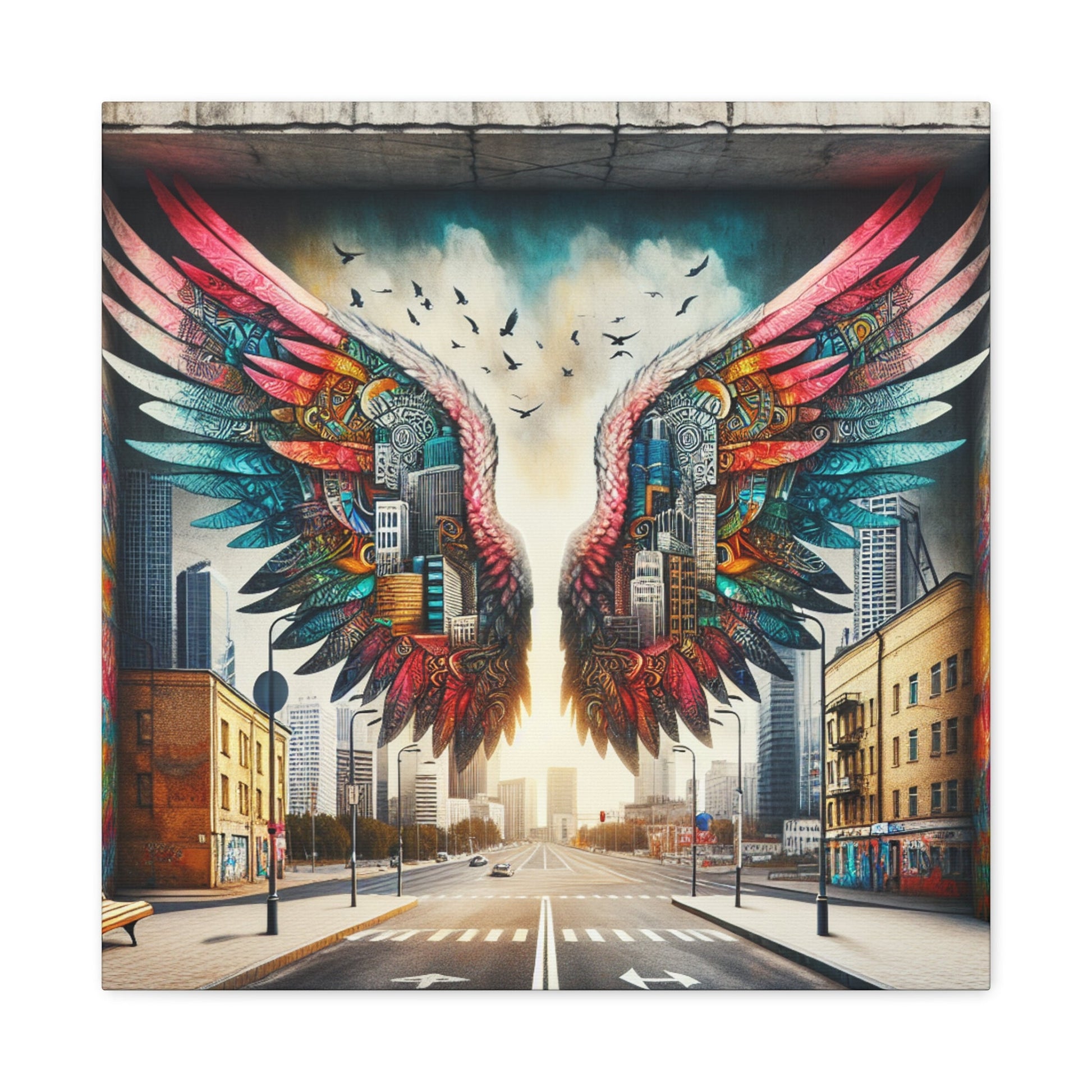 "Cityscape Wings Mural: Urban Fusion" - Canvas - Authentic4Us