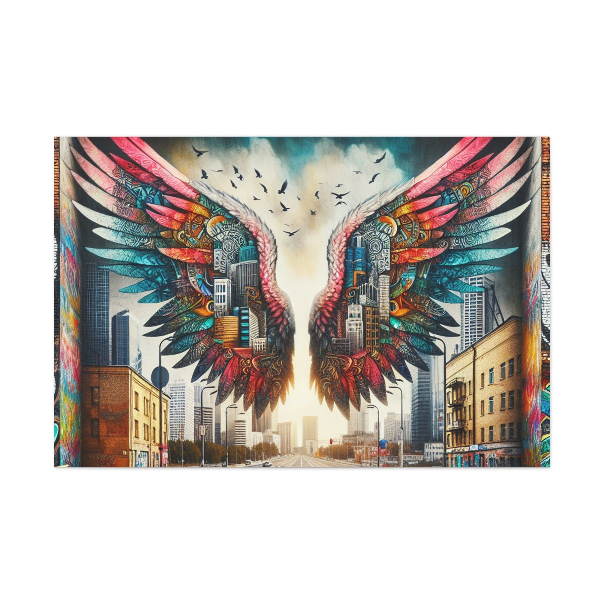 "Cityscape Wings Mural: Urban Fusion" - Canvas - Authentic4Us