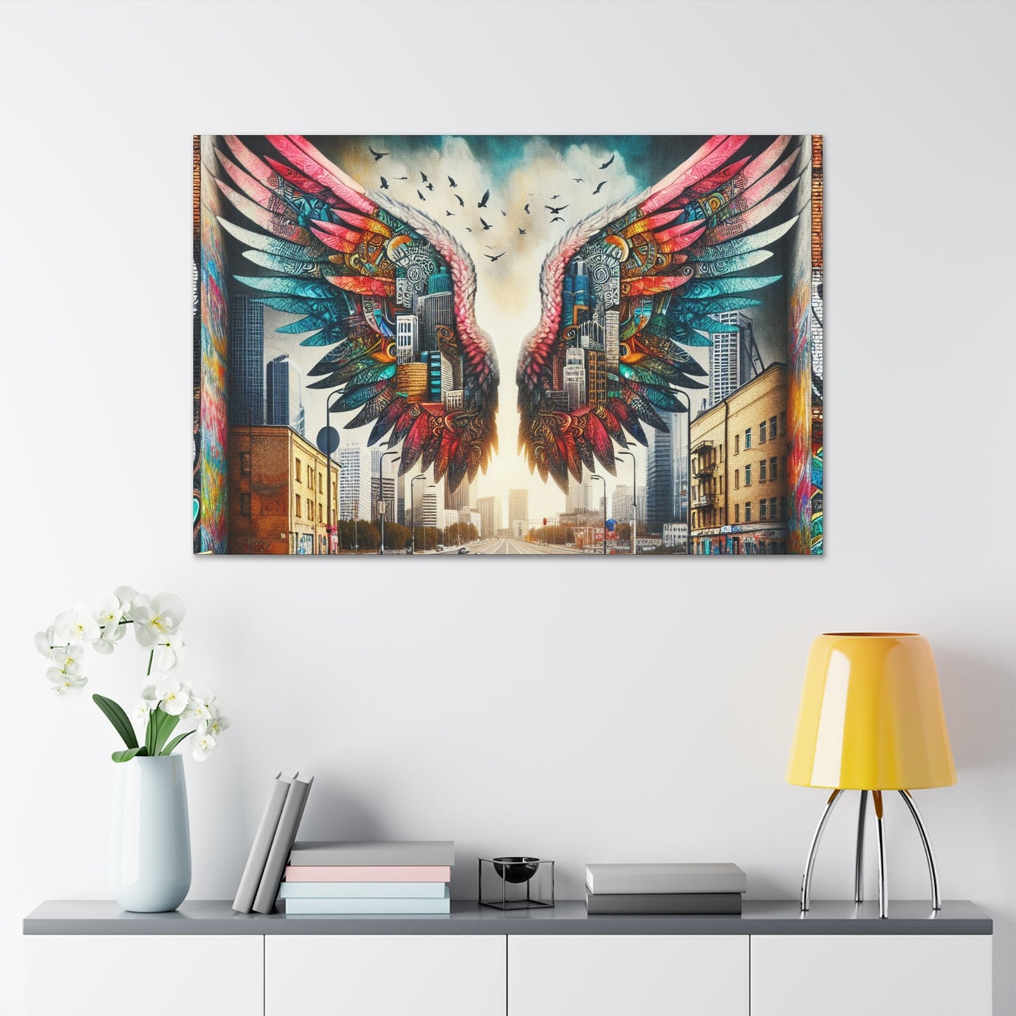 "Cityscape Wings Mural: Urban Fusion" - Canvas - Authentic4Us