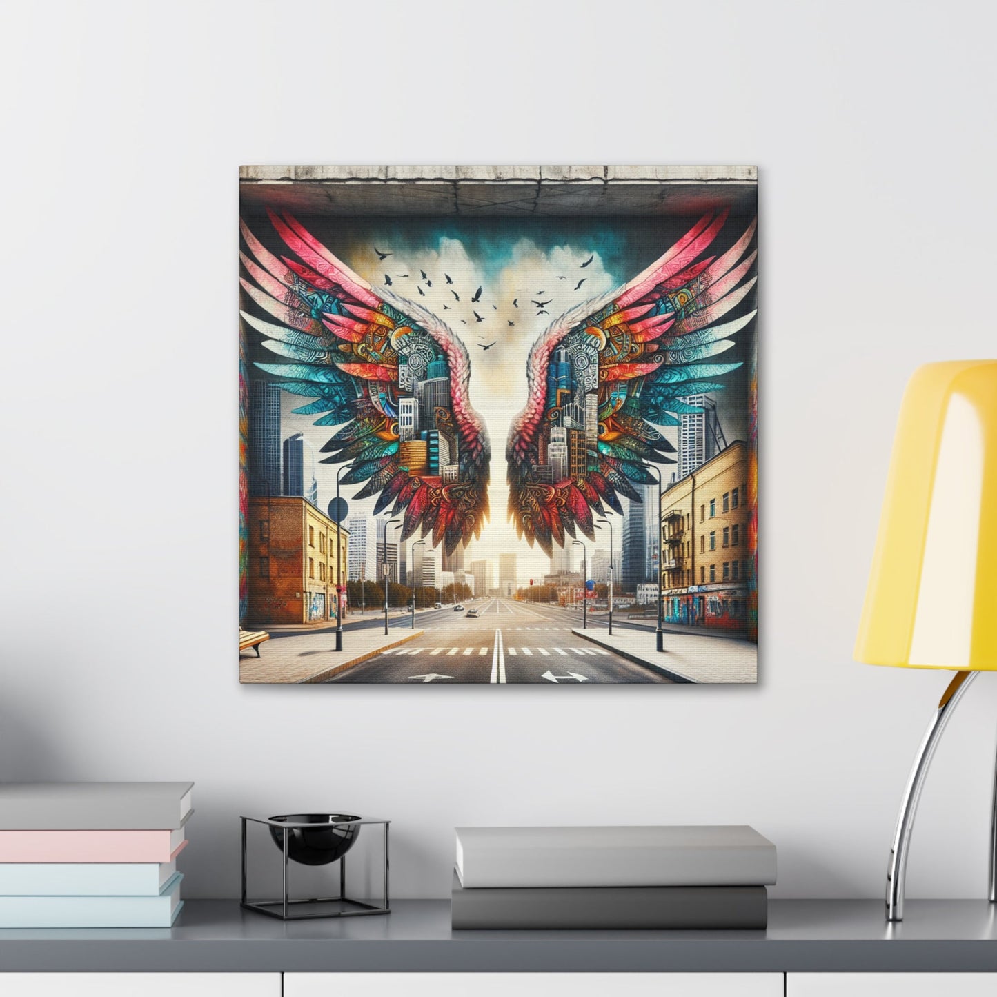 "Cityscape Wings Mural: Urban Fusion" - Canvas - Authentic4Us