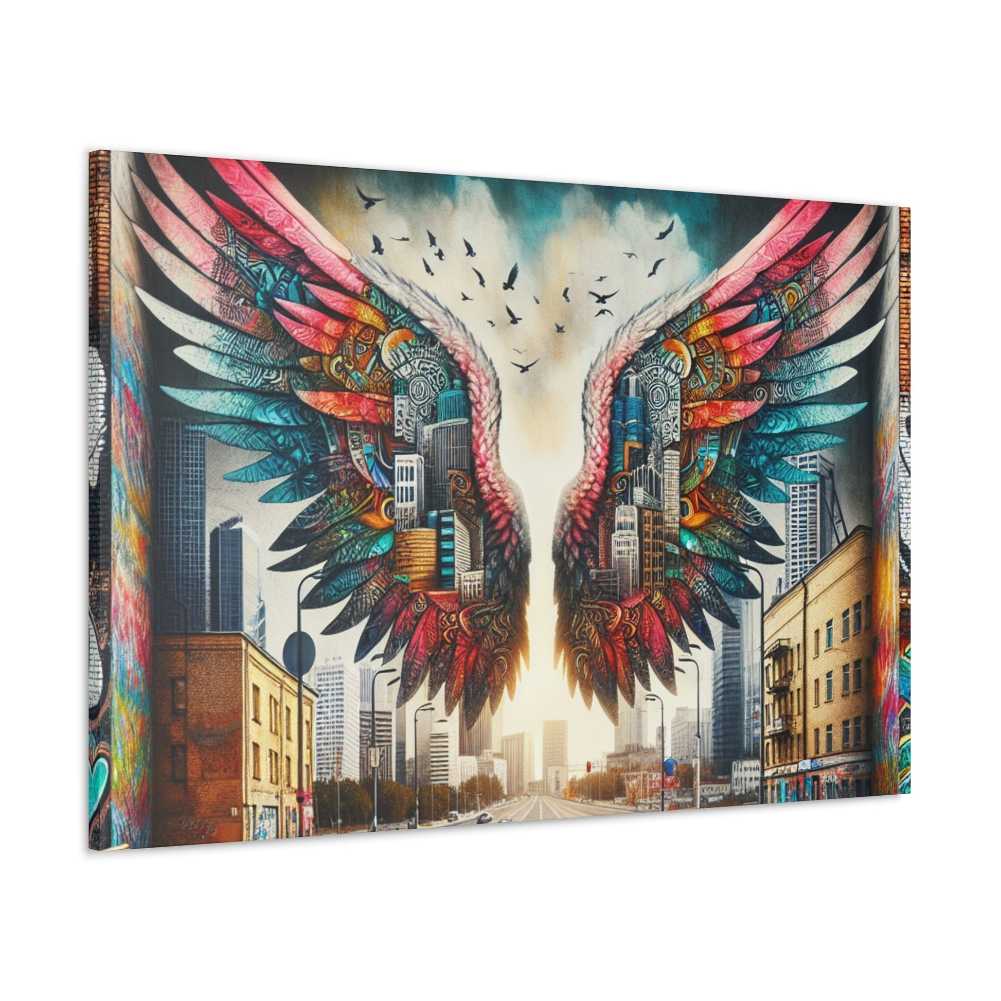 "Cityscape Wings Mural: Urban Fusion" - Canvas - Authentic4Us