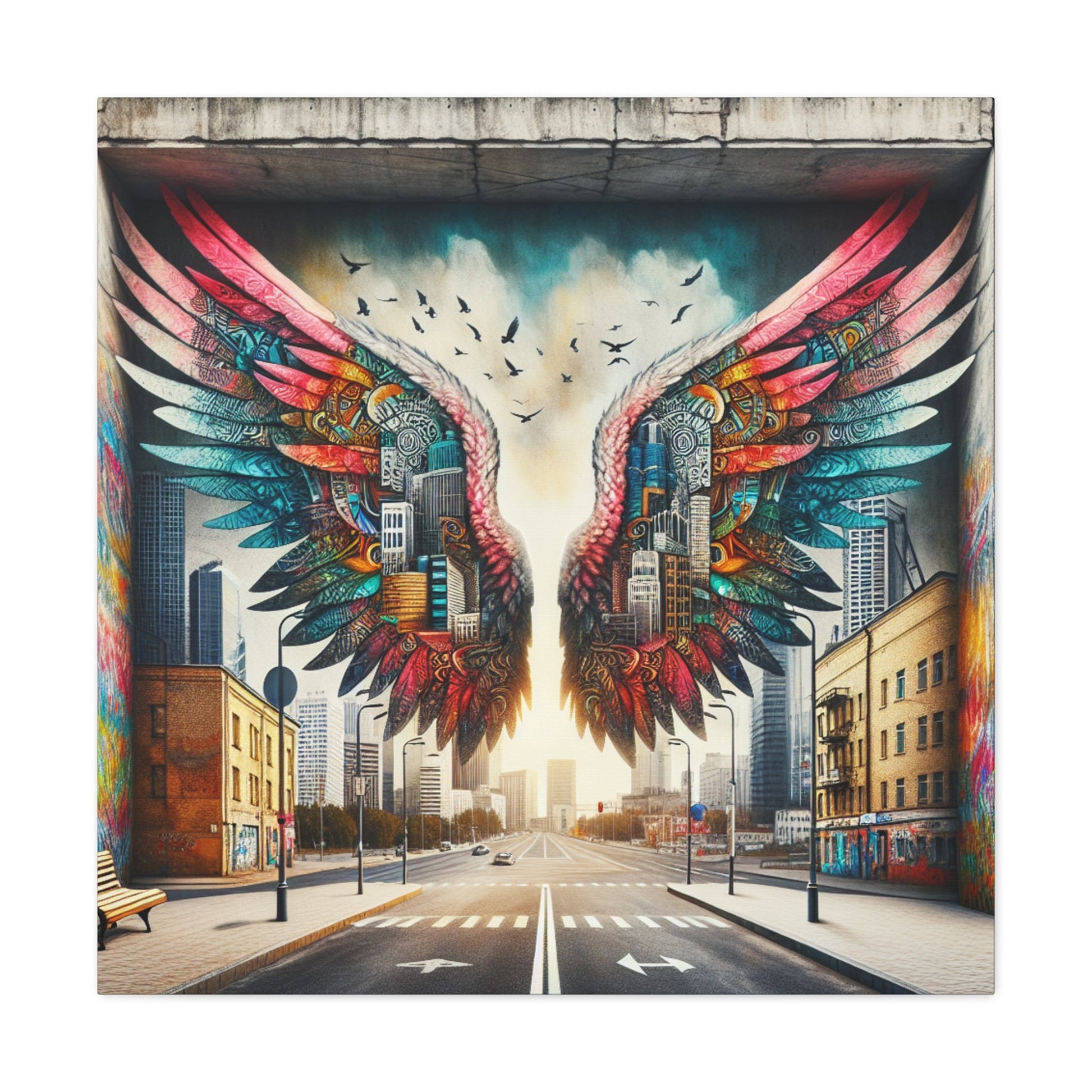 "Cityscape Wings Mural: Urban Fusion" - Canvas - Authentic4Us