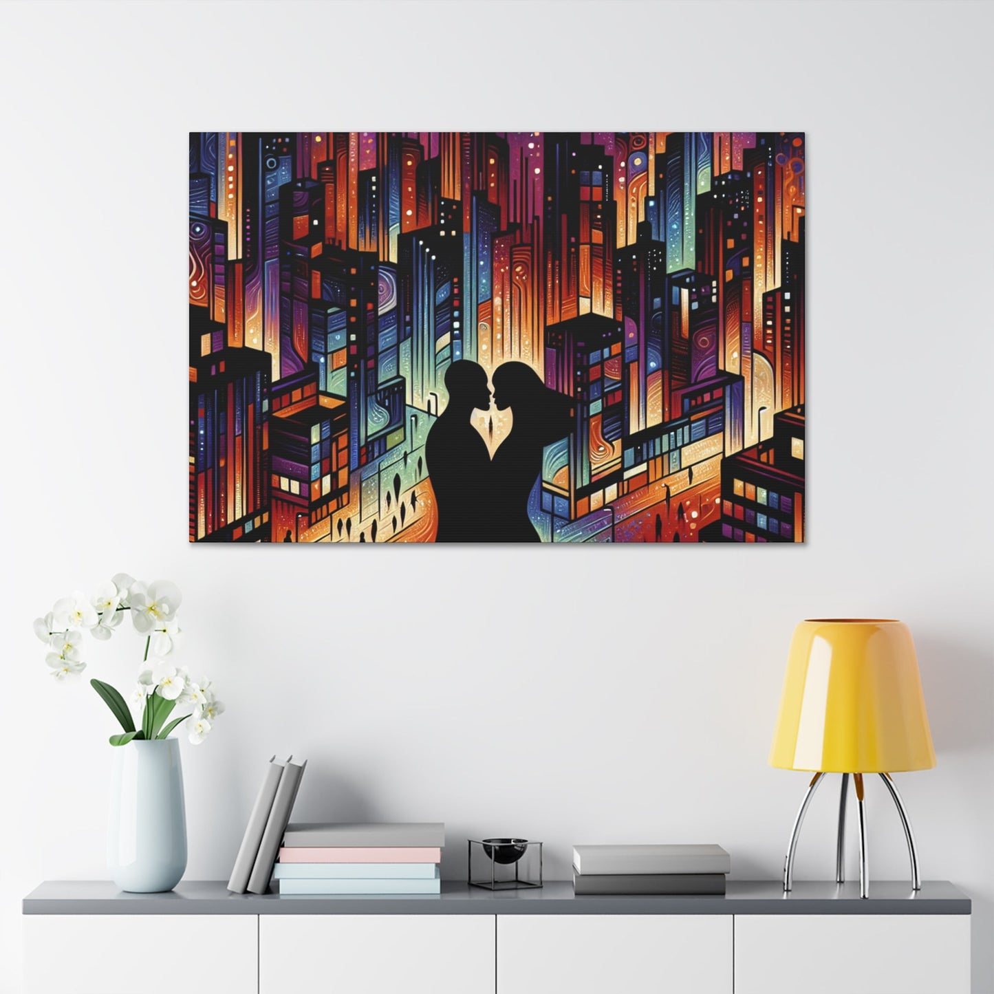 "Cosmic Love: Cityscape Embrace" - Canvas - Authentic4Us