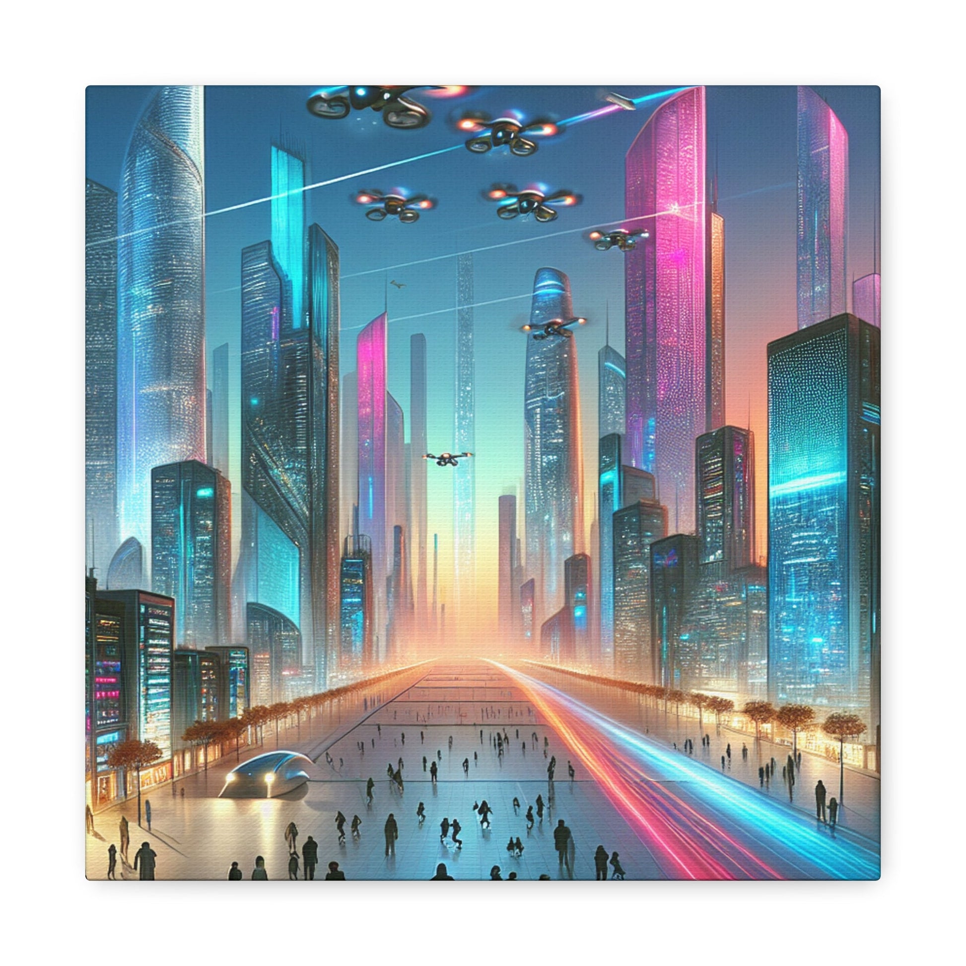 "Futuristic Twilight Cityscape with Vibrant Skyscrapers" - Canvas - Authentic4Us