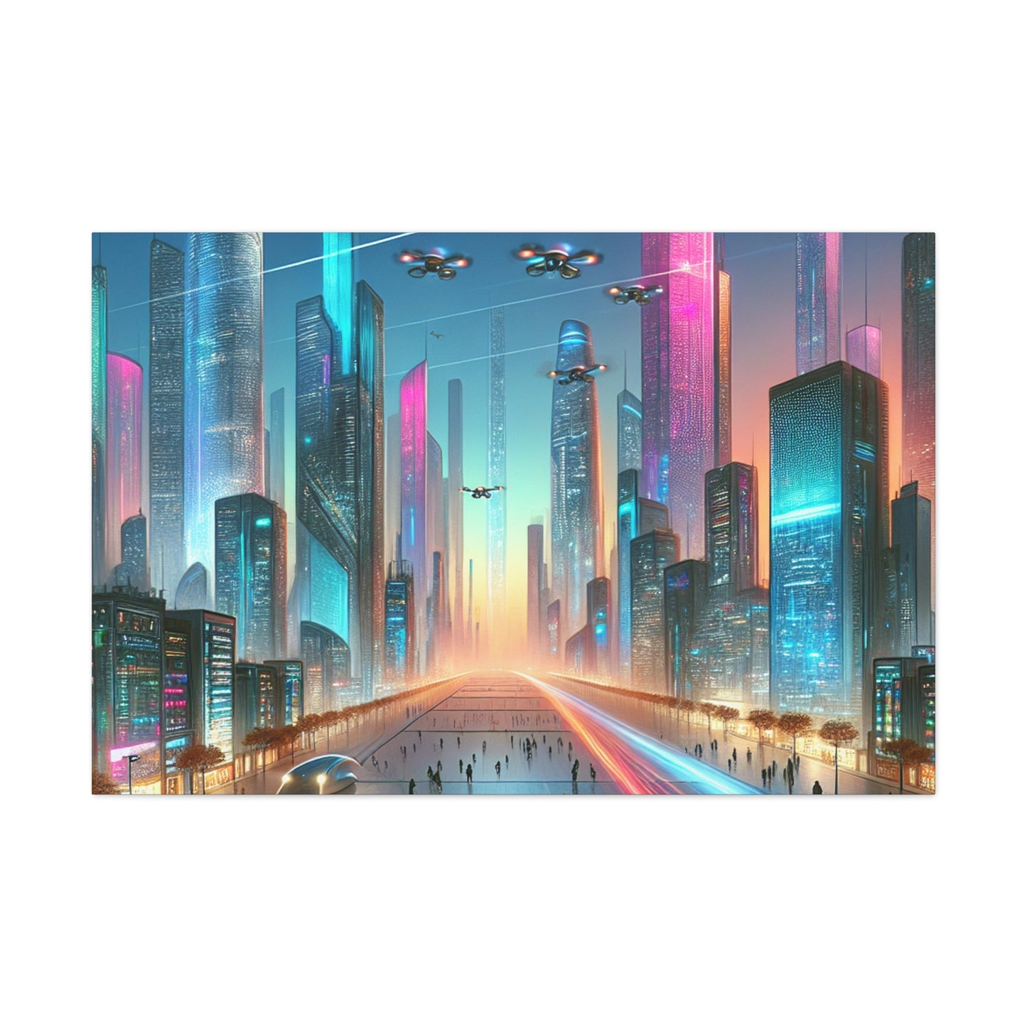 "Futuristic Twilight Cityscape with Vibrant Skyscrapers" - Canvas - Authentic4Us