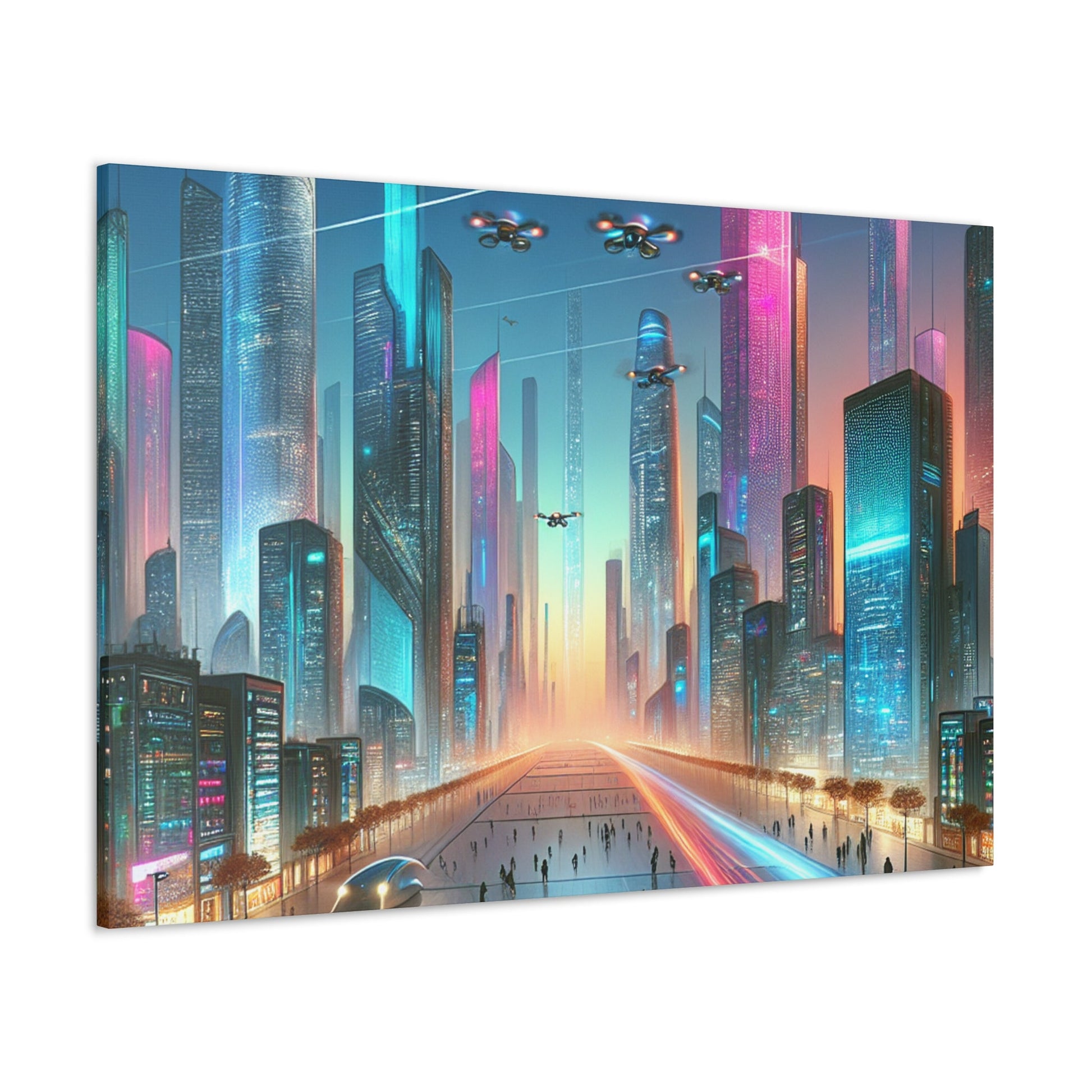 "Futuristic Twilight Cityscape with Vibrant Skyscrapers" - Canvas - Authentic4Us