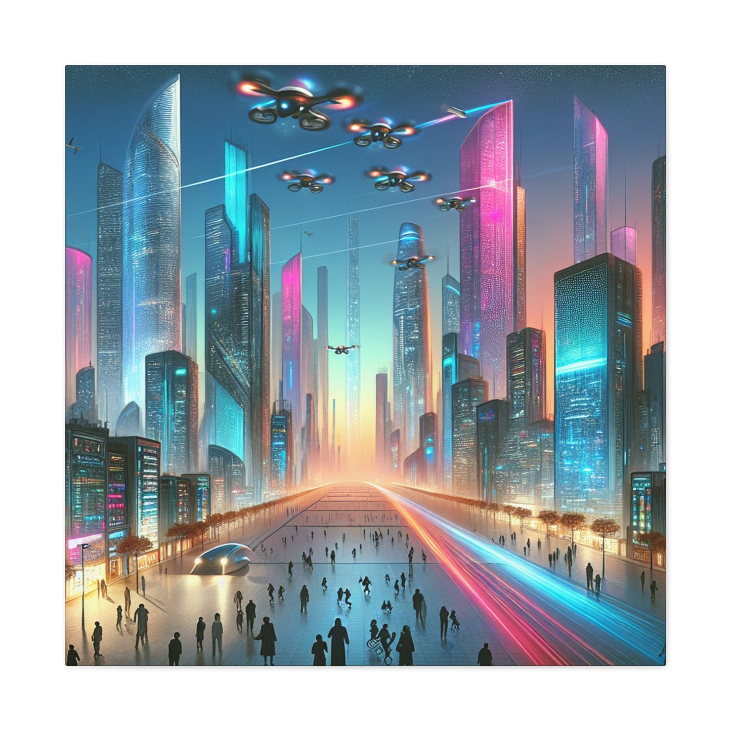 "Futuristic Twilight Cityscape with Vibrant Skyscrapers" - Canvas - Authentic4Us