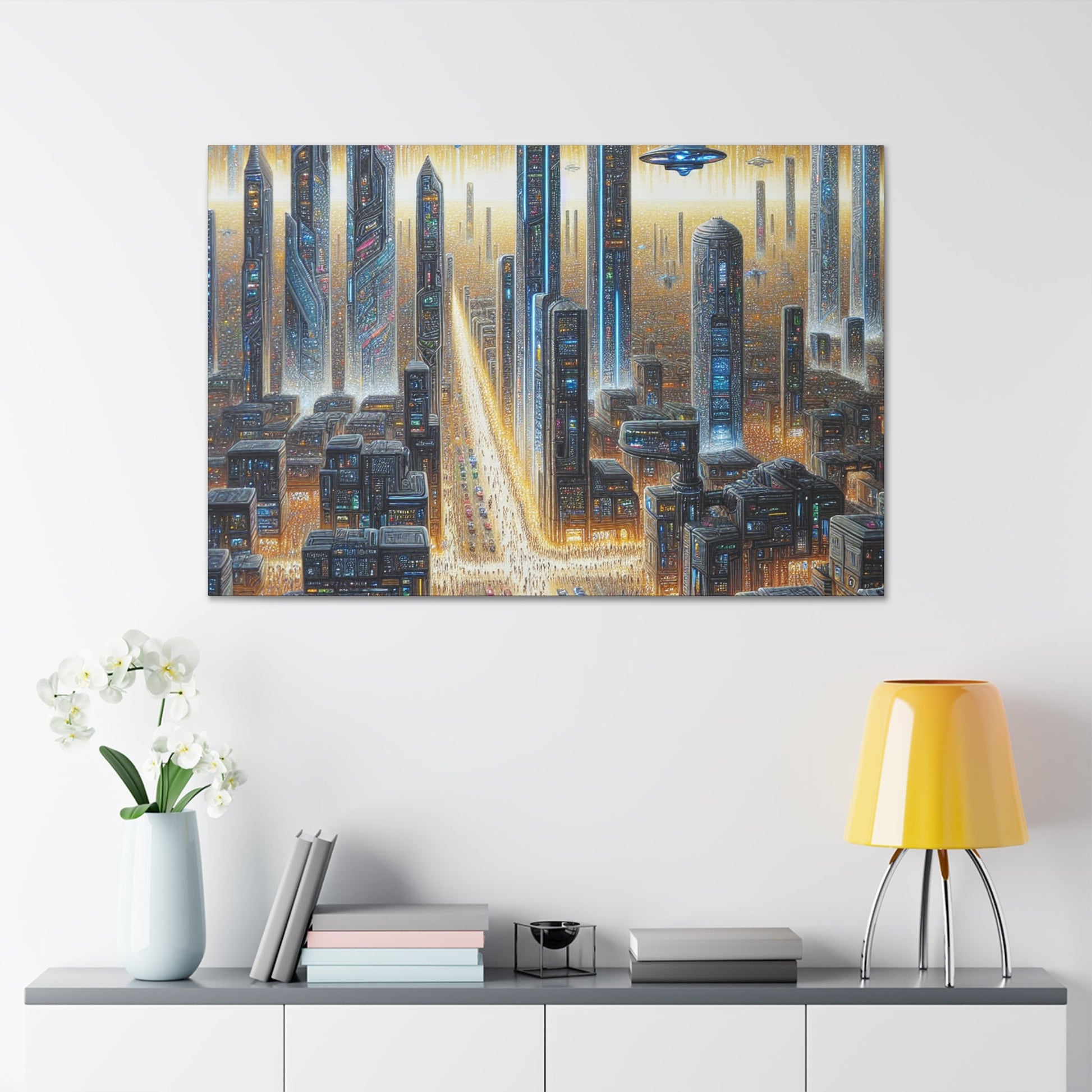 "Golden Futuristic Cityscape Art" - Canvas - Authentic4Us