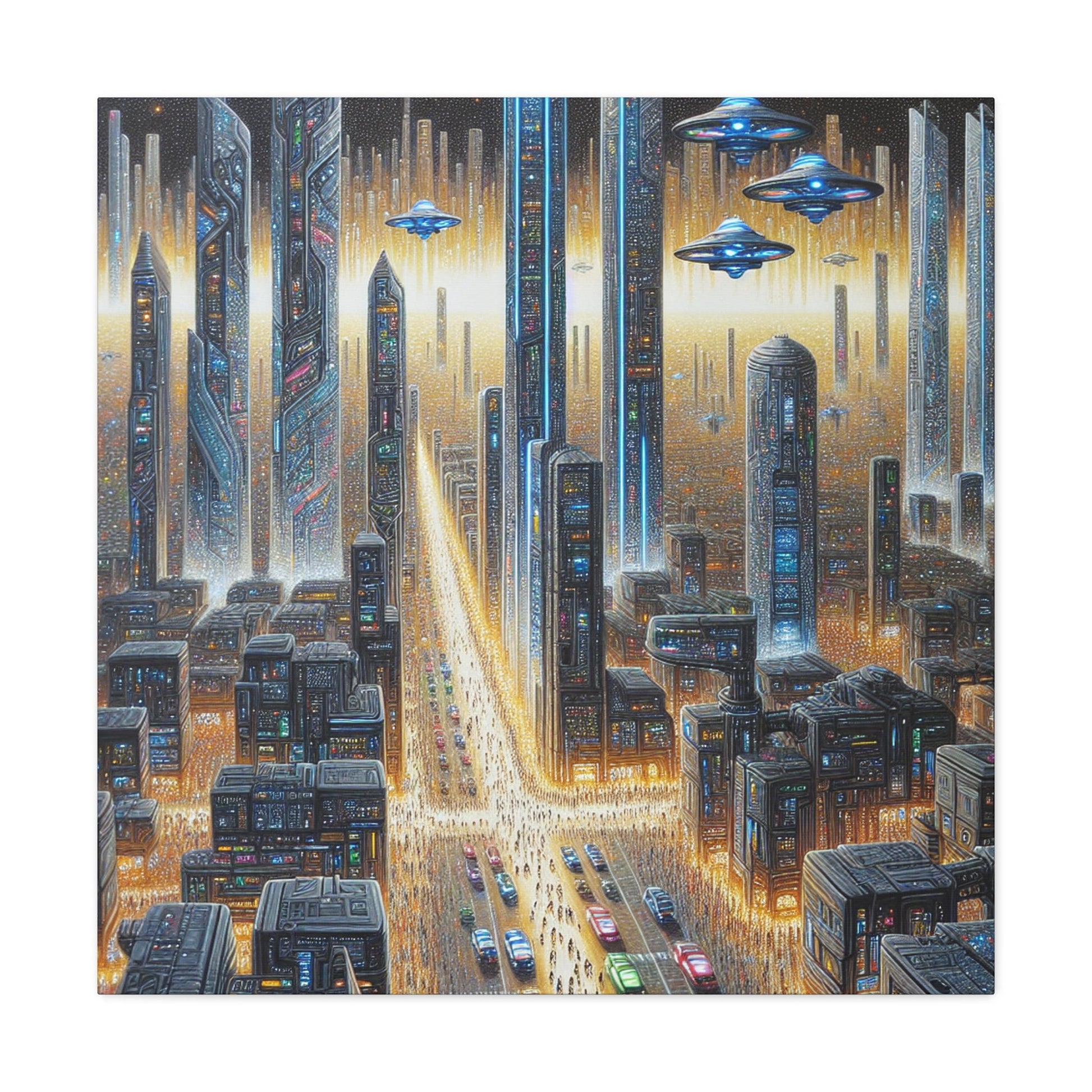 "Golden Futuristic Cityscape Art" - Canvas - Authentic4Us