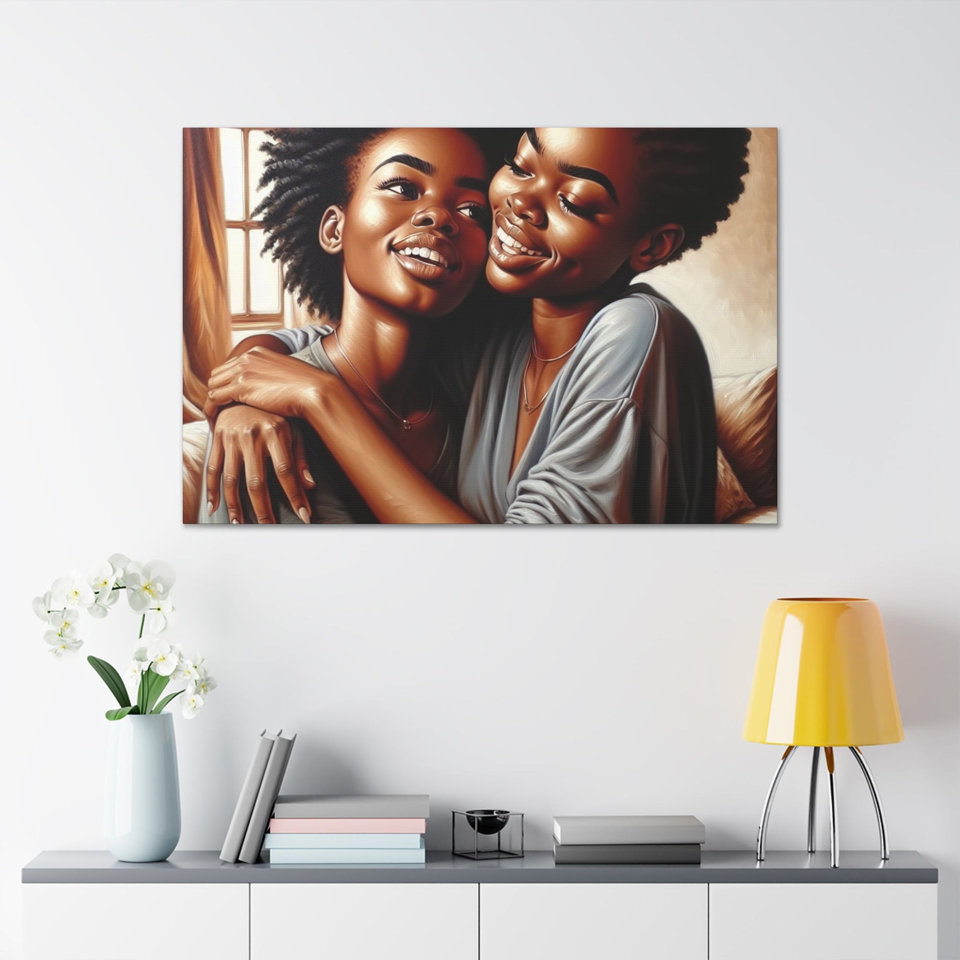 "Joyful Bond: Friends Embracing Painting" - Canvas - Authentic4Us