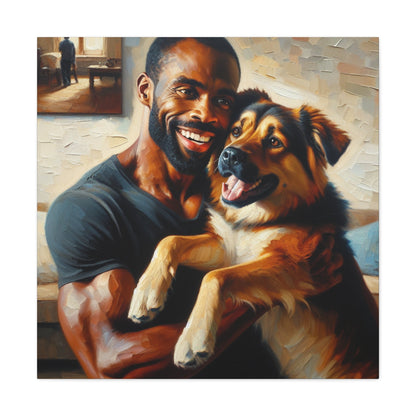 "Muscular Man Embracing Joyful Dog" - Canvas - Authentic4Us