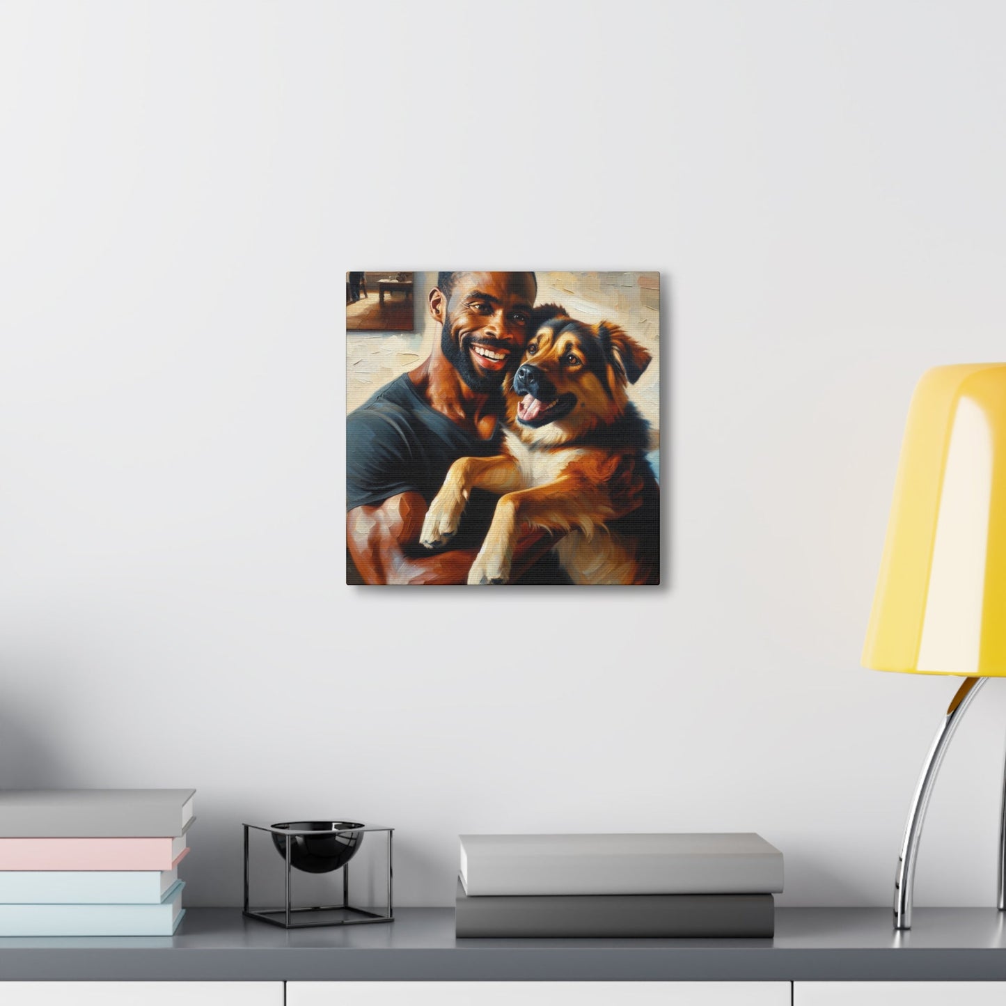 "Muscular Man Embracing Joyful Dog" - Canvas - Authentic4Us