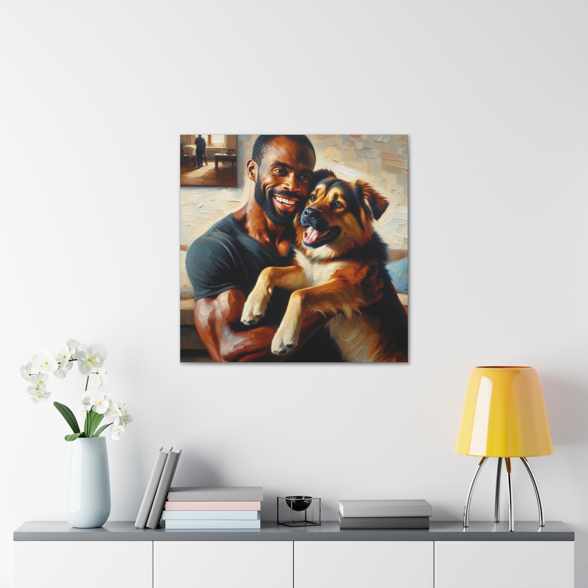 "Muscular Man Embracing Joyful Dog" - Canvas - Authentic4Us