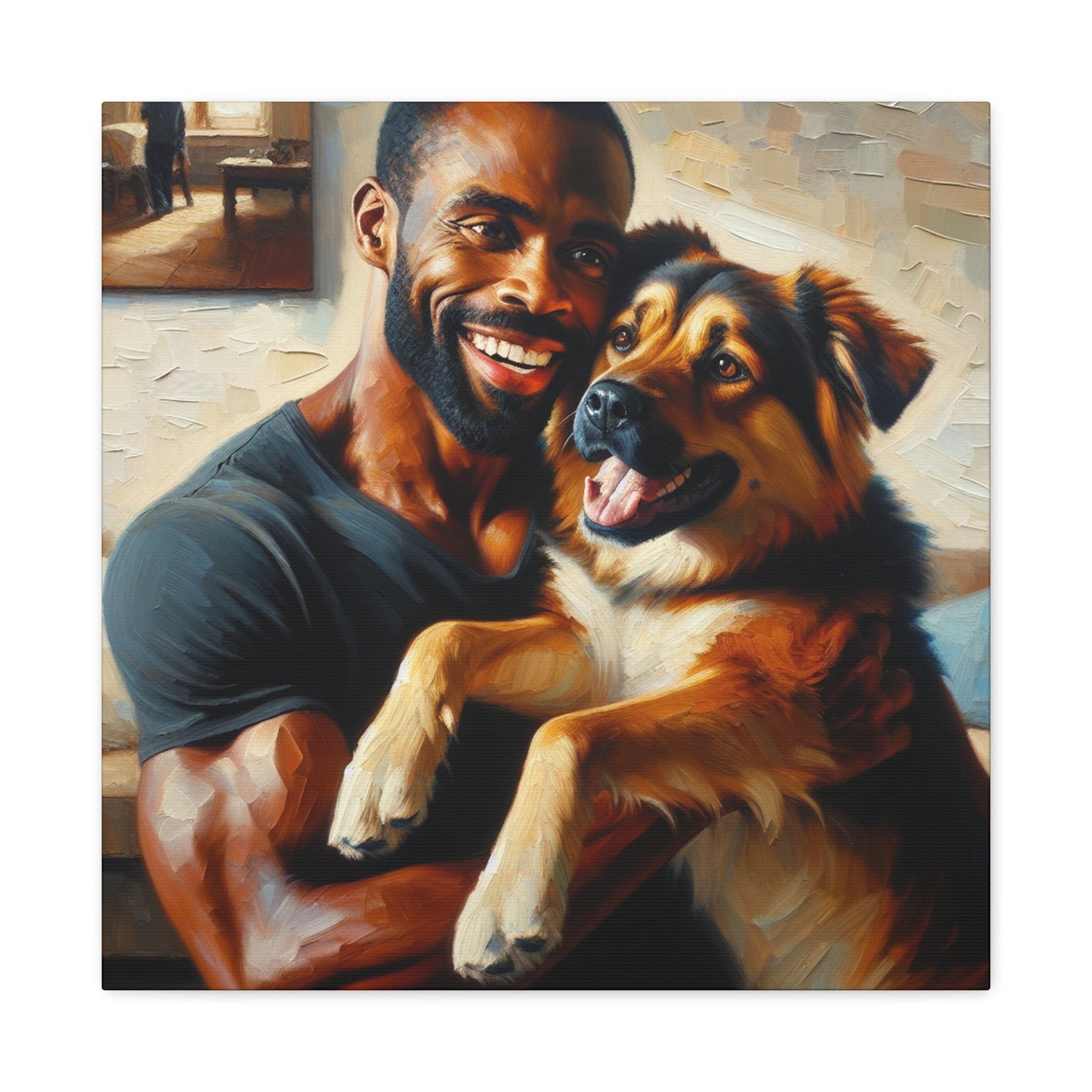 "Muscular Man Embracing Joyful Dog" - Canvas - Authentic4Us