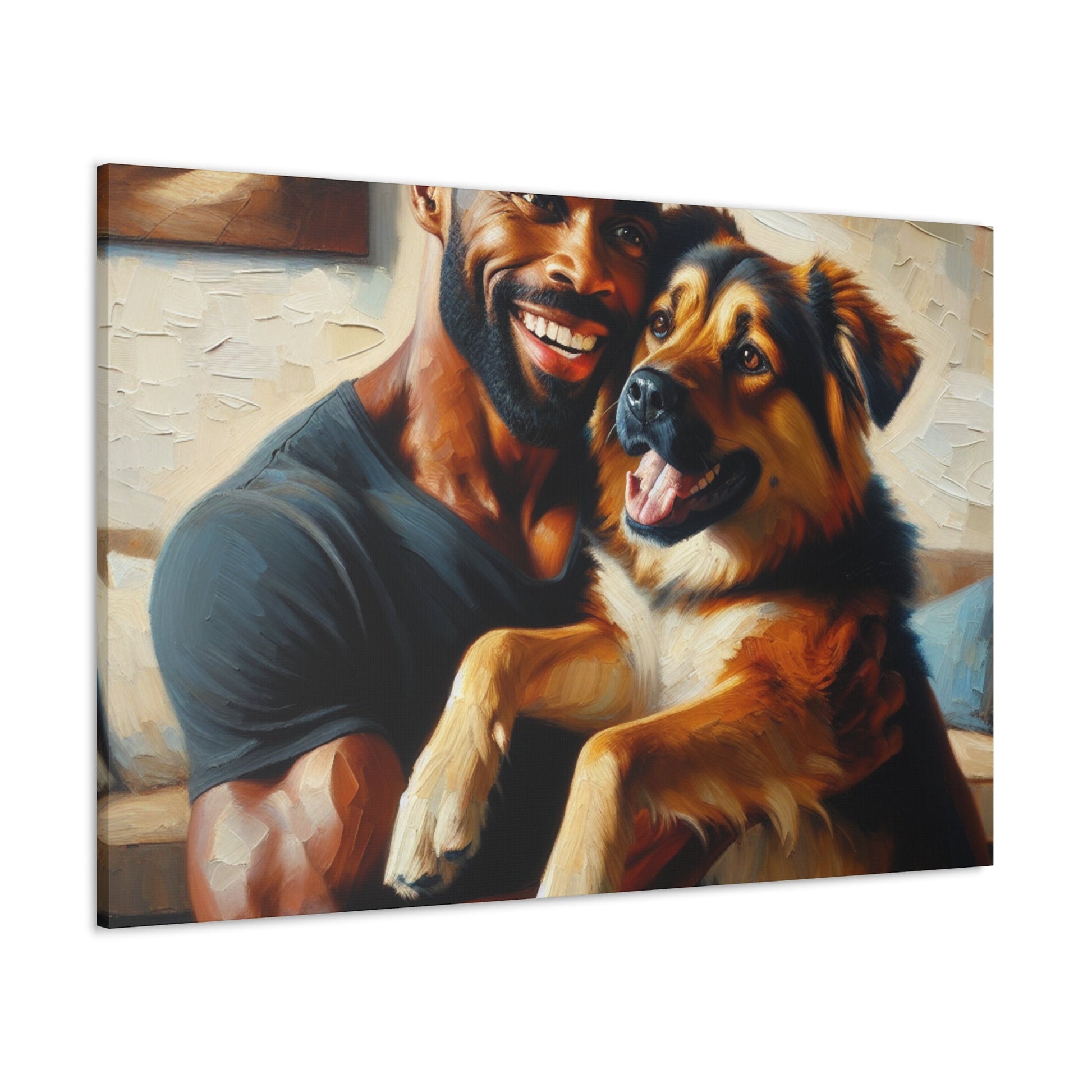 "Muscular Man Embracing Joyful Dog" - Canvas - Authentic4Us