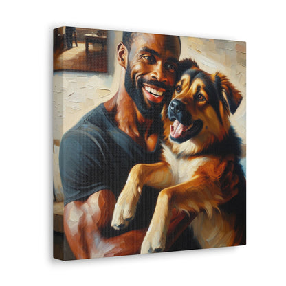 "Muscular Man Embracing Joyful Dog" - Canvas - Authentic4Us