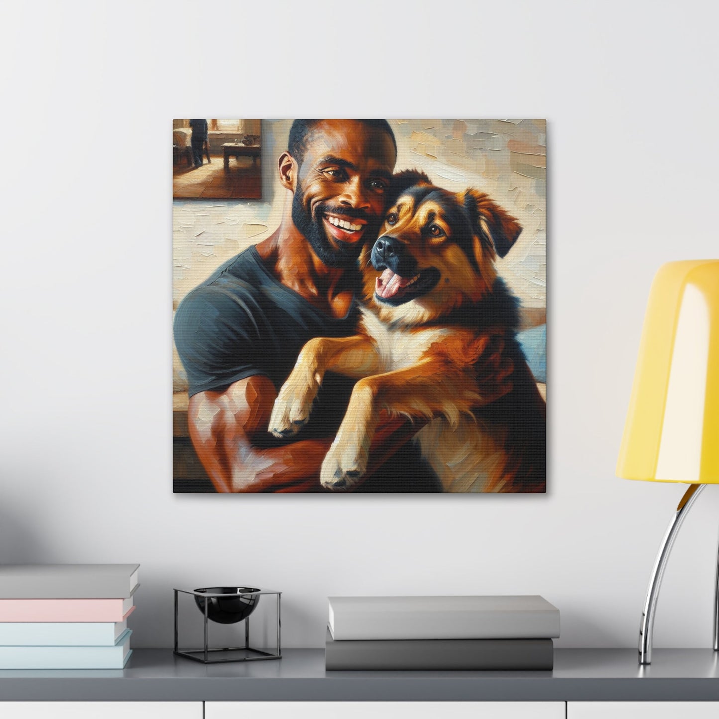 "Muscular Man Embracing Joyful Dog" - Canvas - Authentic4Us