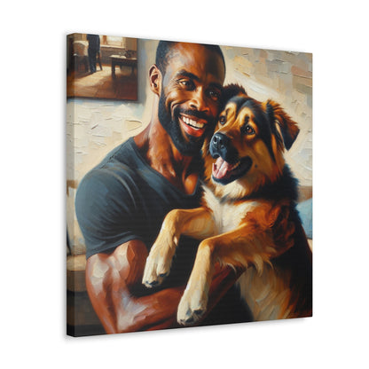 "Muscular Man Embracing Joyful Dog" - Canvas - Authentic4Us