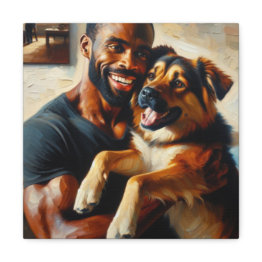 "Muscular Man Embracing Joyful Dog" - Canvas - Authentic4Us