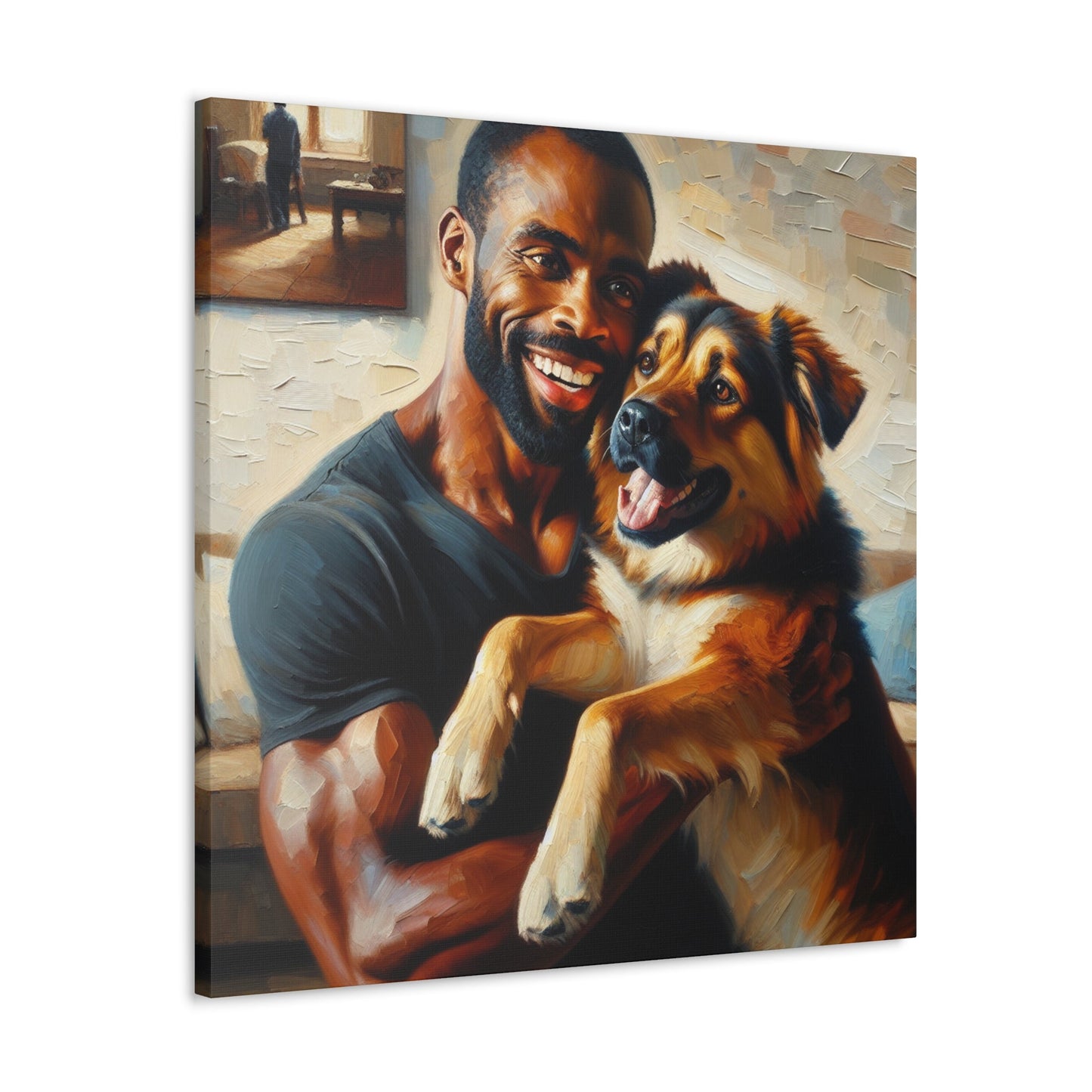 "Muscular Man Embracing Joyful Dog" - Canvas - Authentic4Us