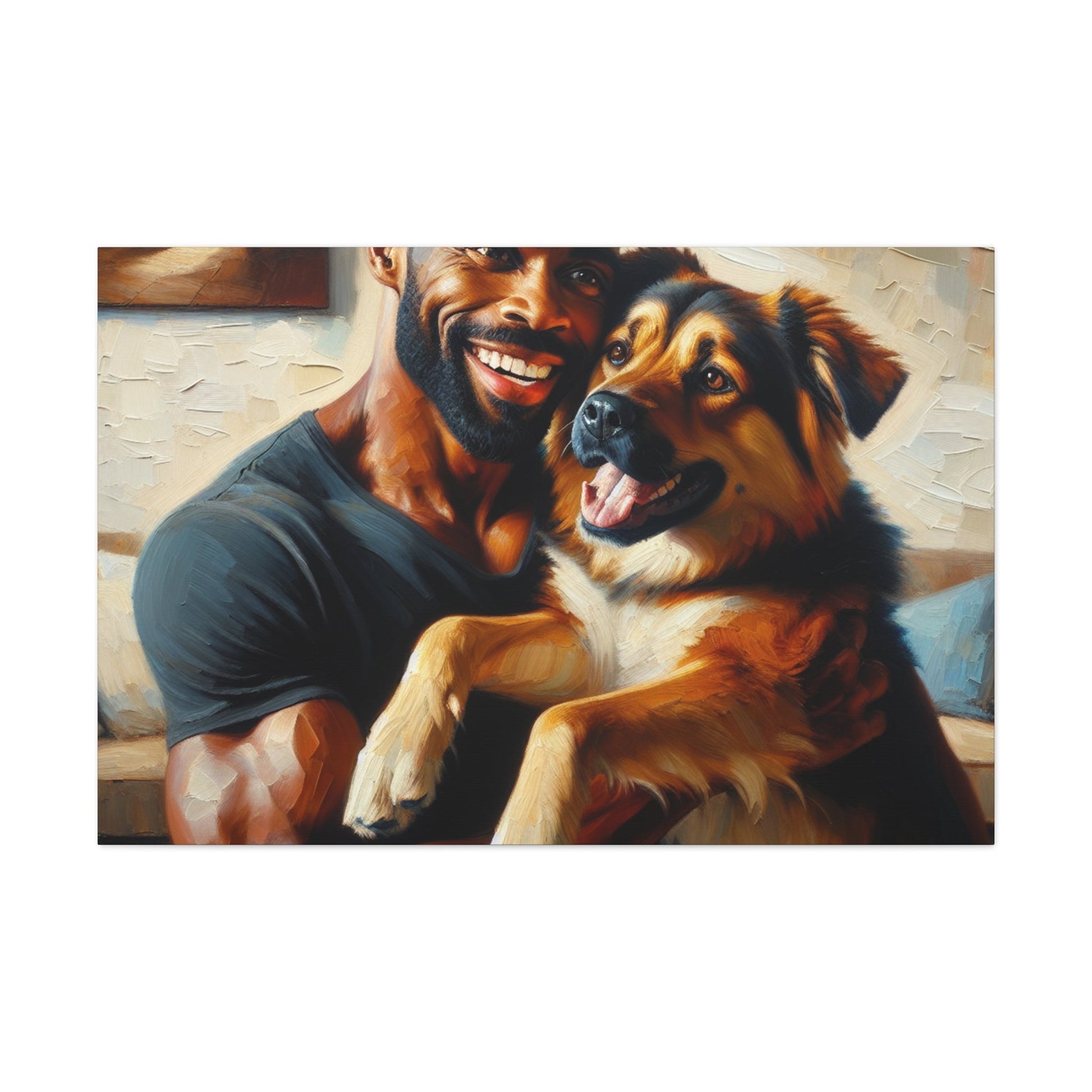 "Muscular Man Embracing Joyful Dog" - Canvas - Authentic4Us