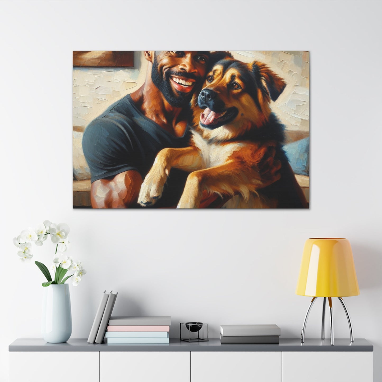 "Muscular Man Embracing Joyful Dog" - Canvas - Authentic4Us