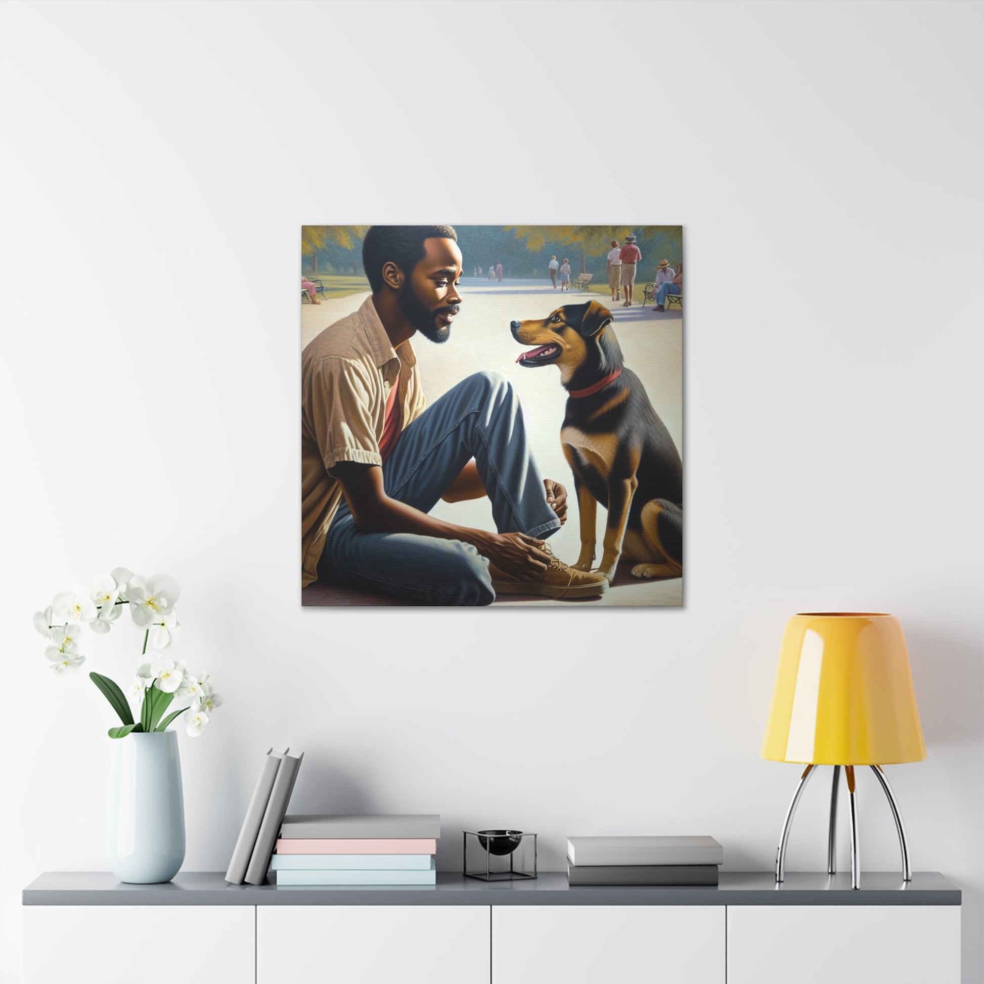 "Park Serenity with Man and Dog" - Canvas - Authentic4Us