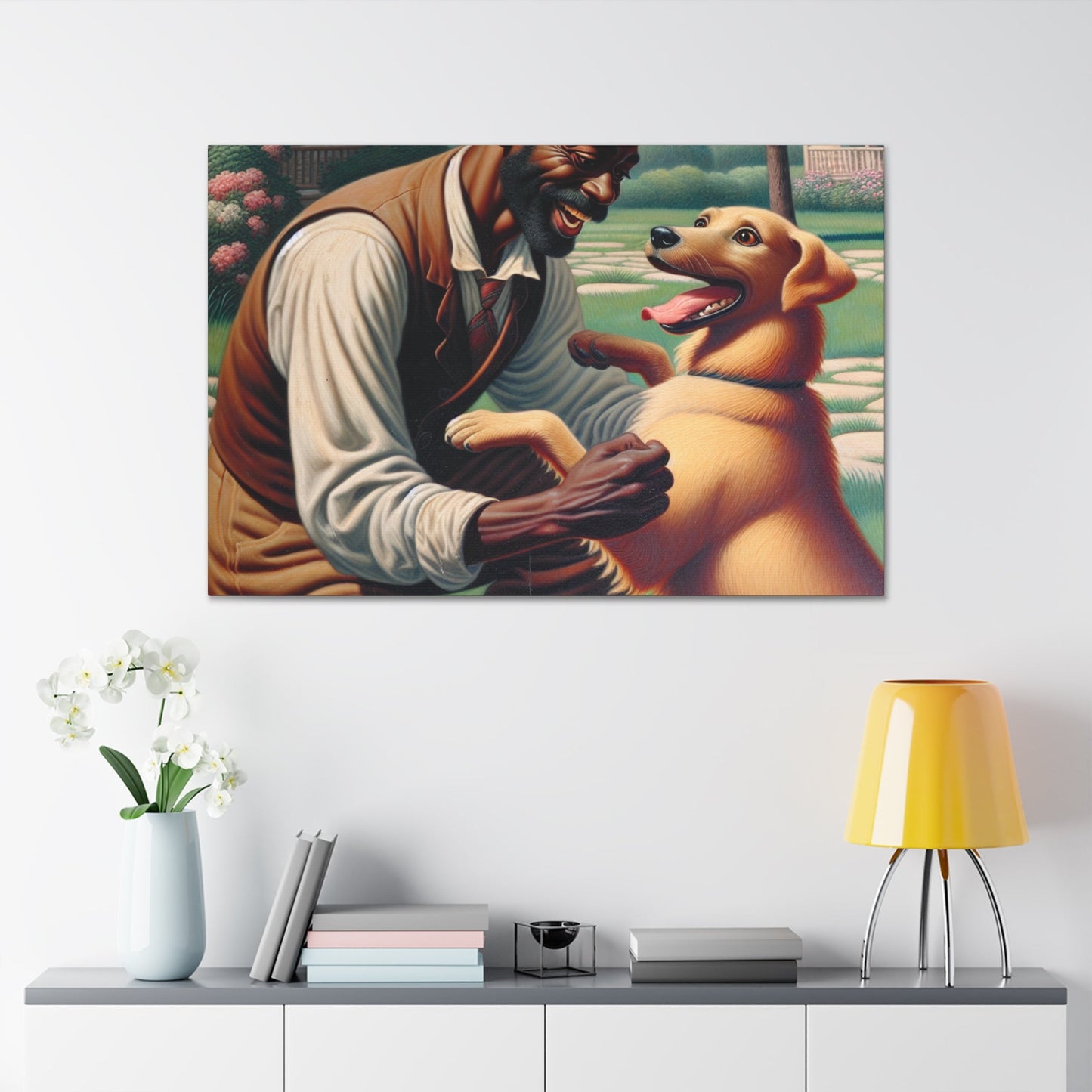 "Serene Springtime: Man and Dog Joy" - Canvas - Authentic4Us