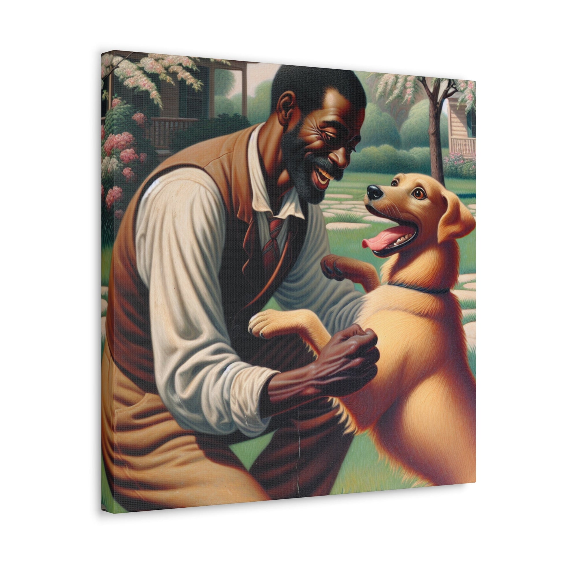 "Serene Springtime: Man and Dog Joy" - Canvas - Authentic4Us