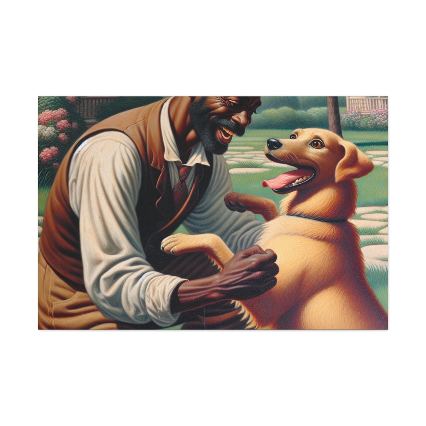 "Serene Springtime: Man and Dog Joy" - Canvas - Authentic4Us