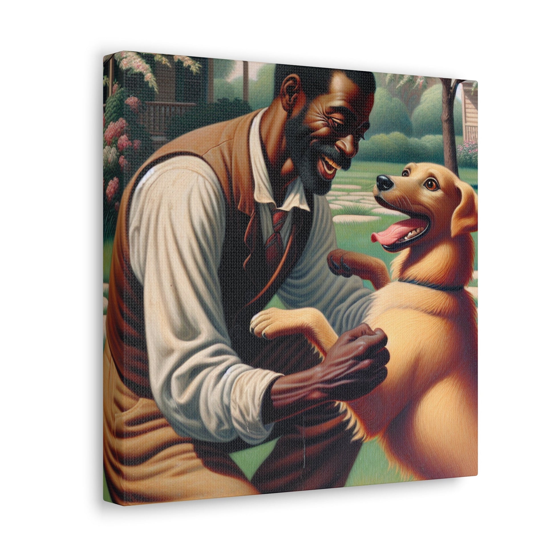 "Serene Springtime: Man and Dog Joy" - Canvas - Authentic4Us