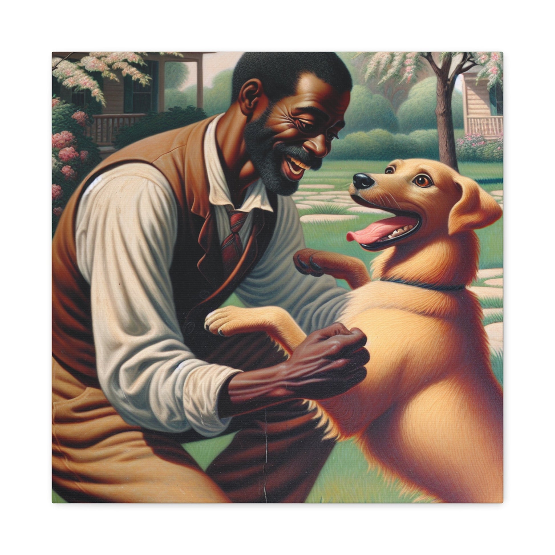 "Serene Springtime: Man and Dog Joy" - Canvas - Authentic4Us