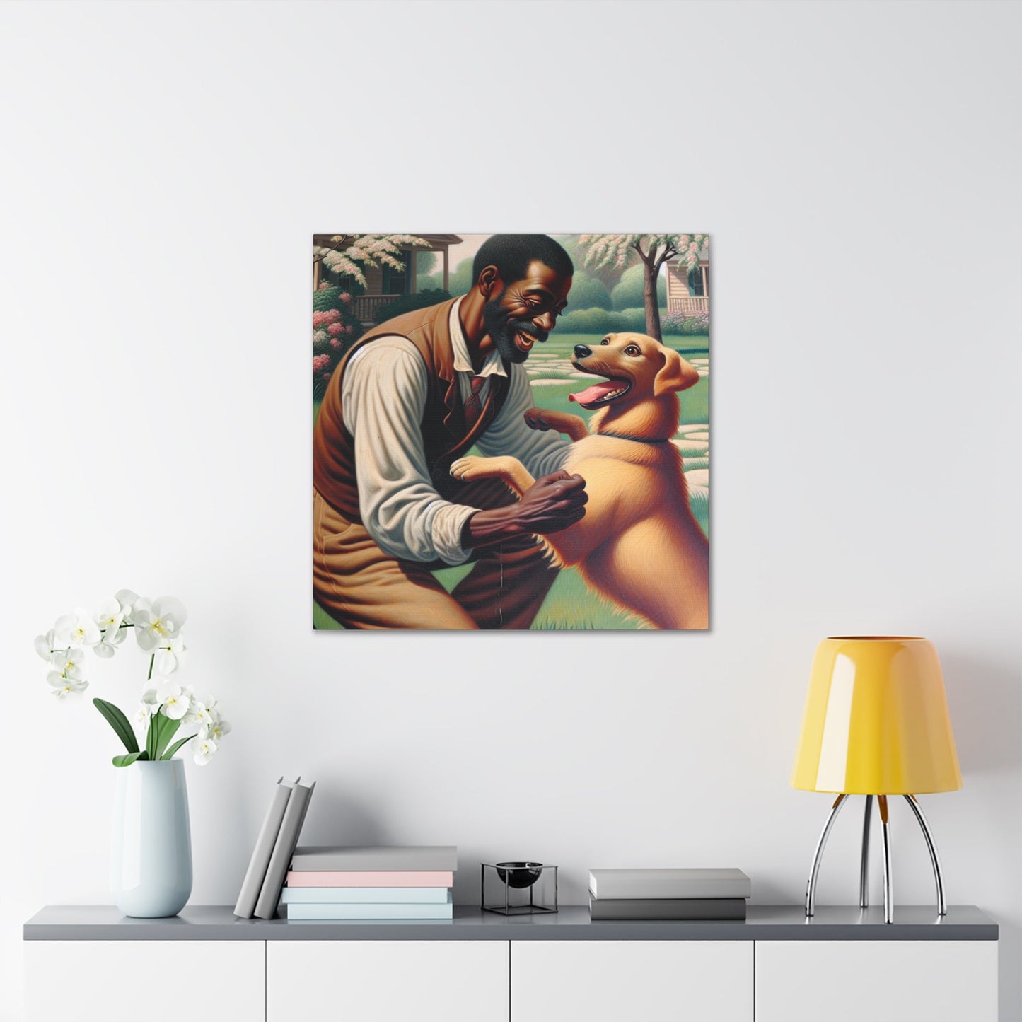 "Serene Springtime: Man and Dog Joy" - Canvas - Authentic4Us