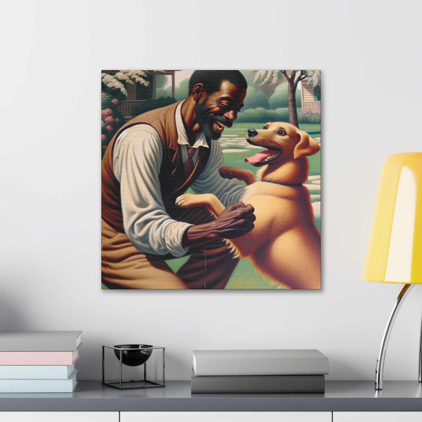 "Serene Springtime: Man and Dog Joy" - Canvas - Authentic4Us