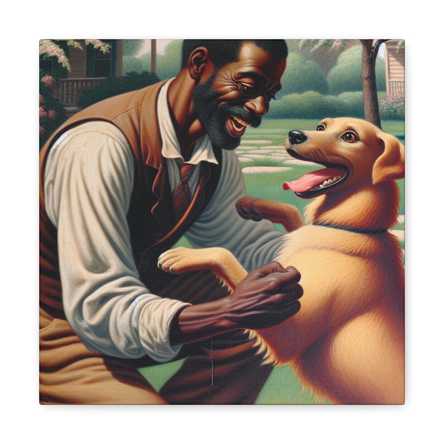 "Serene Springtime: Man and Dog Joy" - Canvas - Authentic4Us