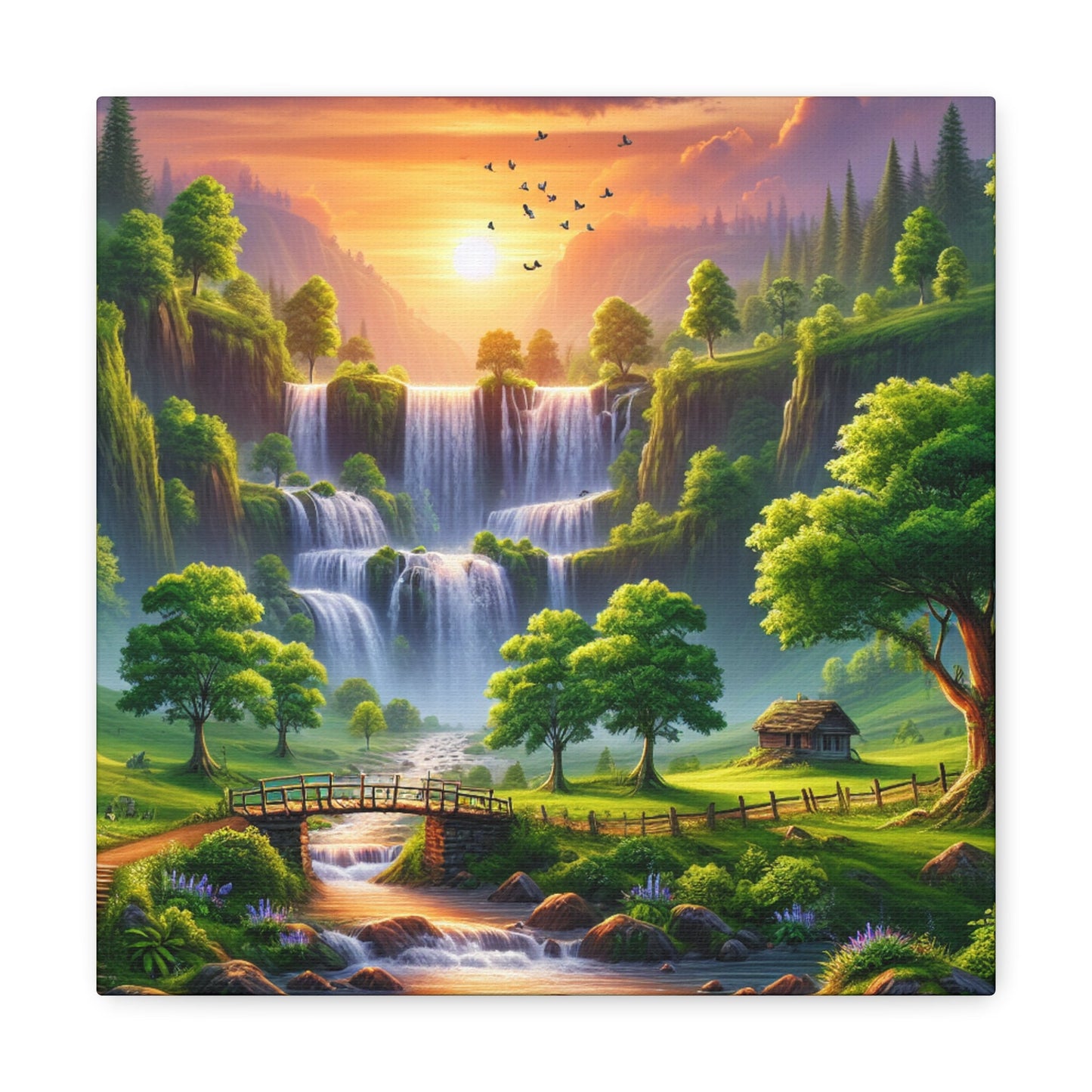 "Serenity Falls: Majestic Waterfall Painting" - Canvas - Authentic4Us