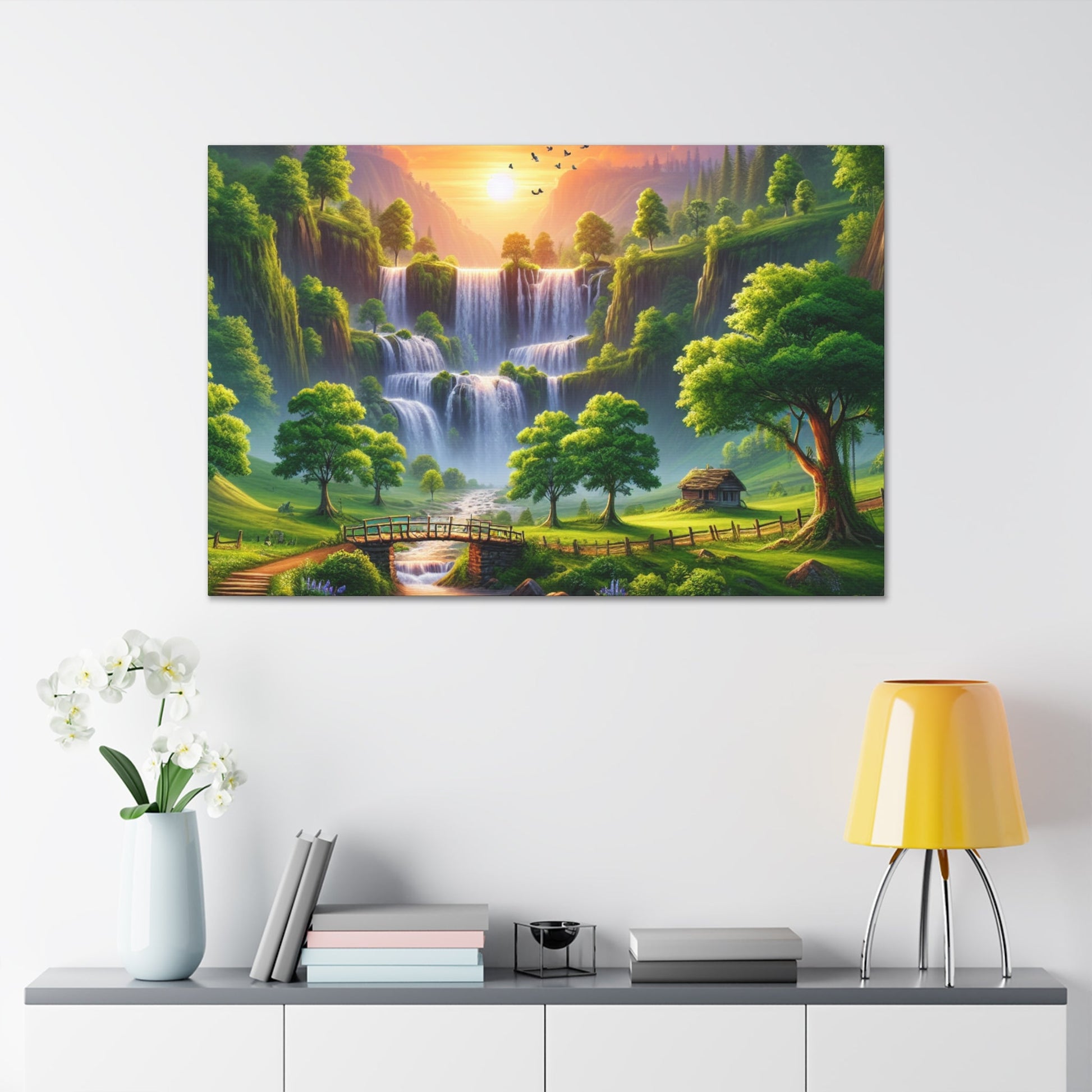 "Serenity Falls: Majestic Waterfall Painting" - Canvas - Authentic4Us