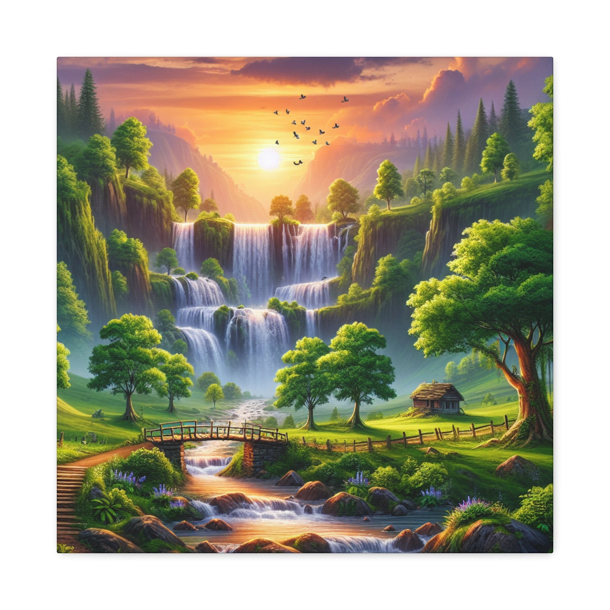 "Serenity Falls: Majestic Waterfall Painting" - Canvas - Authentic4Us