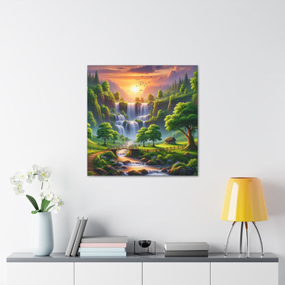 "Serenity Falls: Majestic Waterfall Painting" - Canvas - Authentic4Us