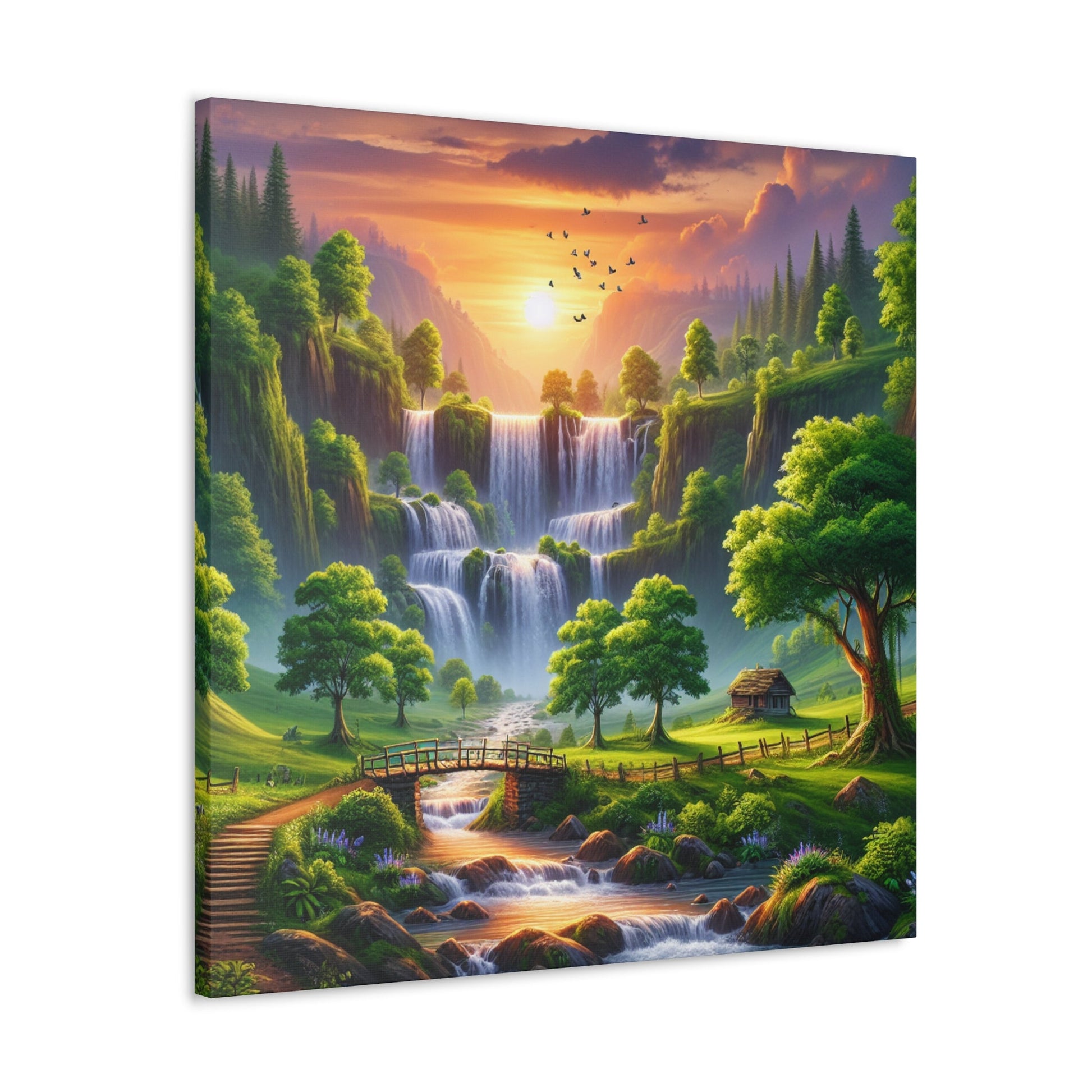 "Serenity Falls: Majestic Waterfall Painting" - Canvas - Authentic4Us