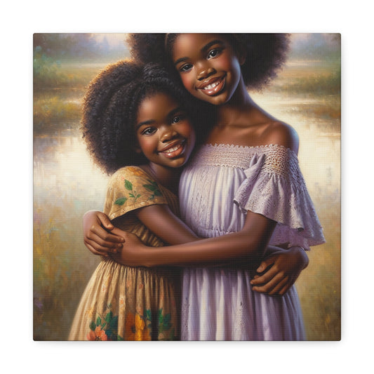 "Sisters Embracing in Delicate Dresses" - Canvas - Authentic4Us